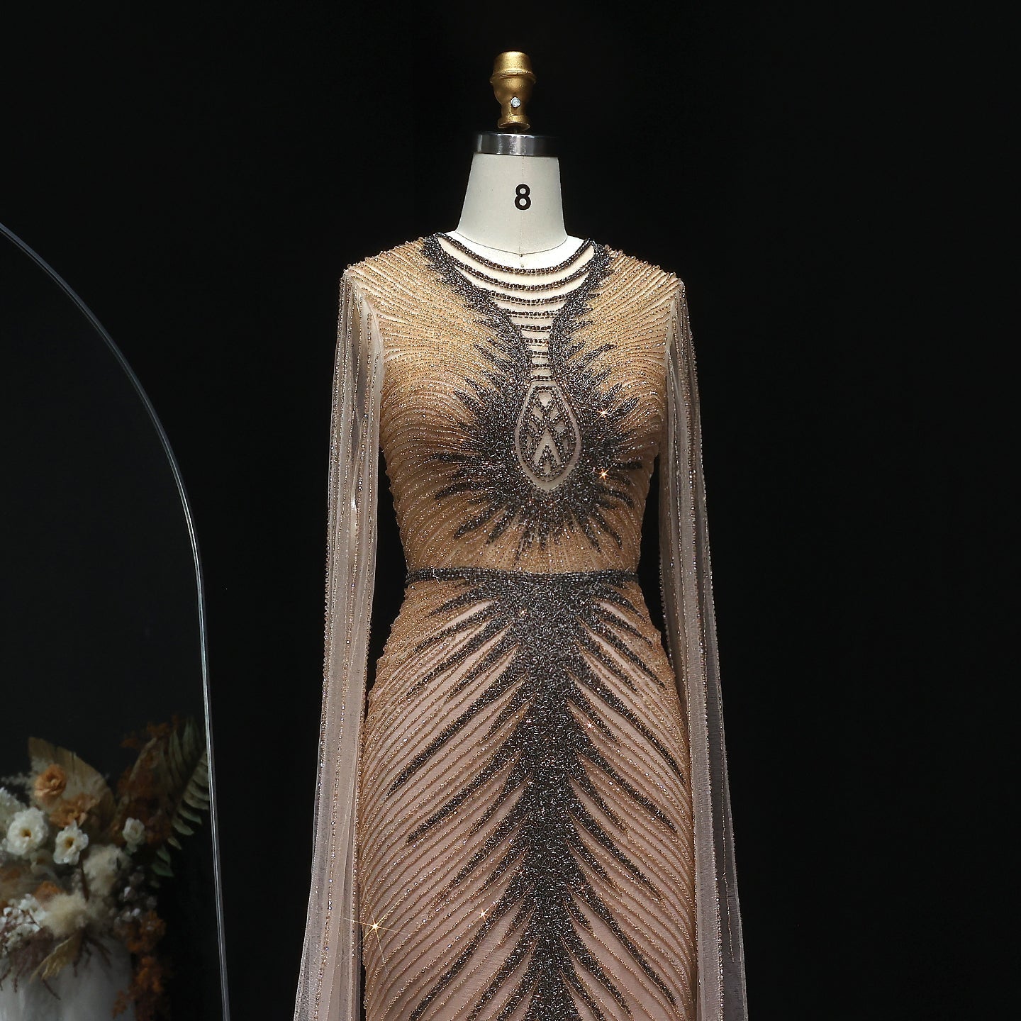 Luxury Beaded Turquoise Evening Dress with Cape Sleeves SS028