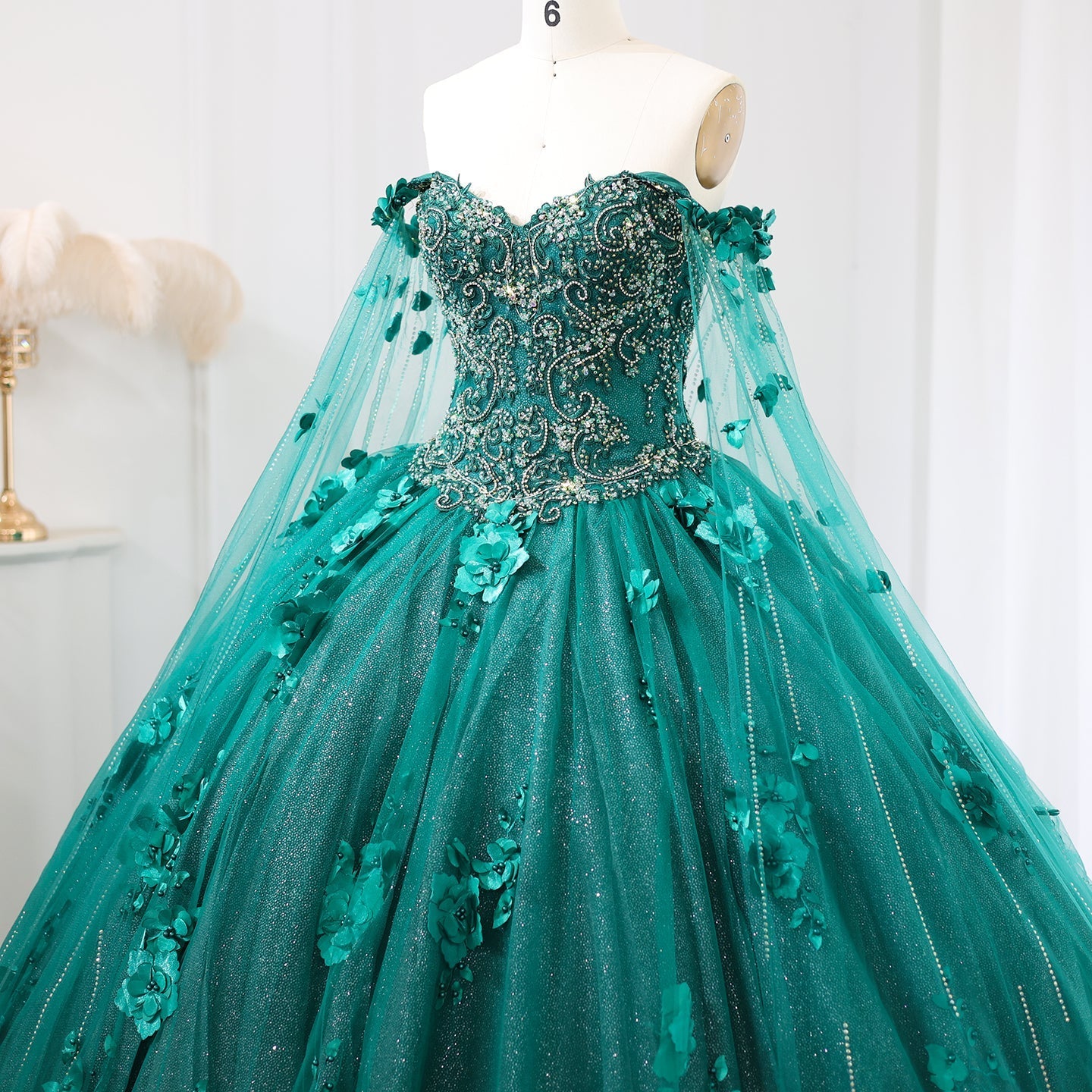 Luxury 3D Flower Emerald Green Ball Gown Prom Dress SS199