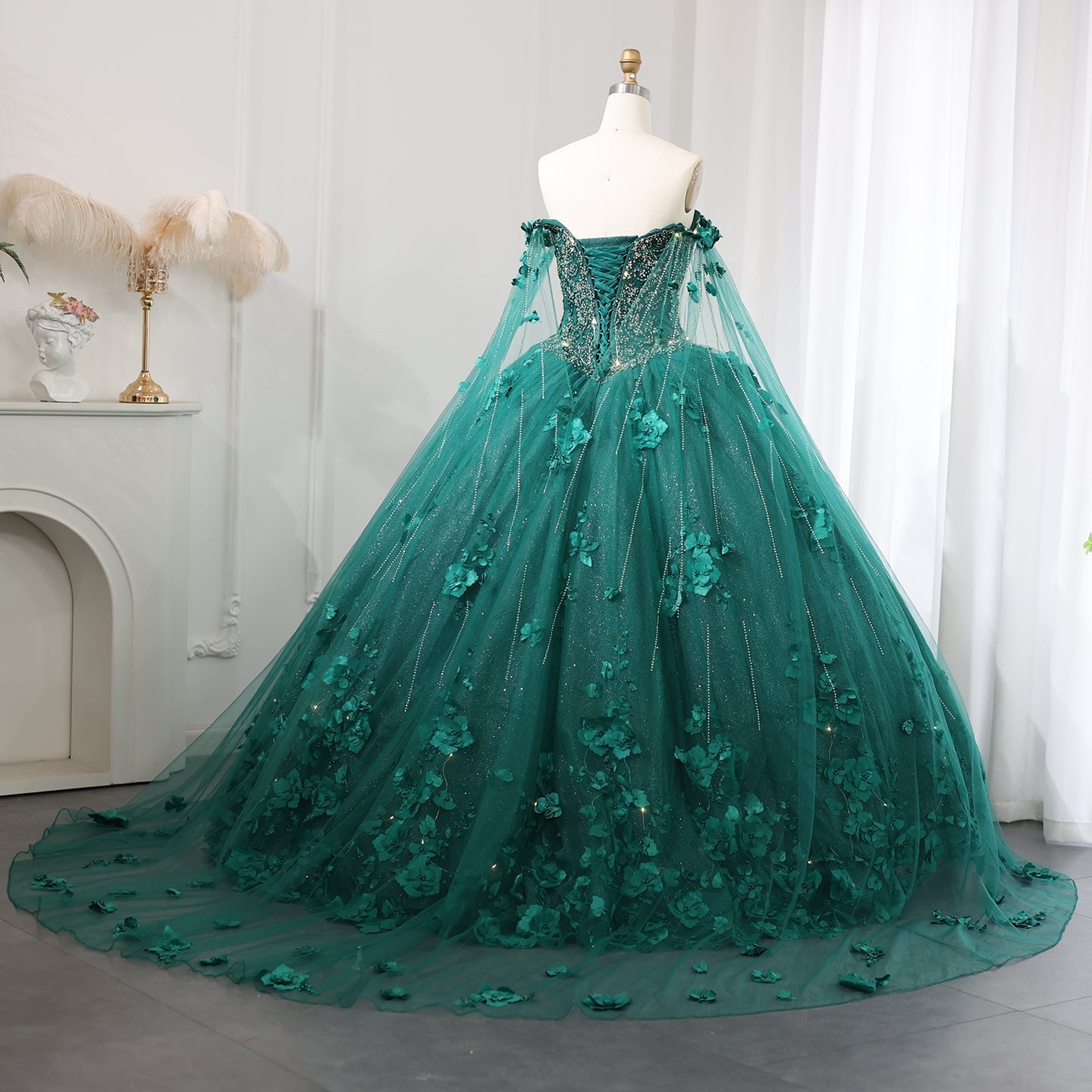 Luxury 3D Flower Emerald Green Ball Gown Prom Dress SS199