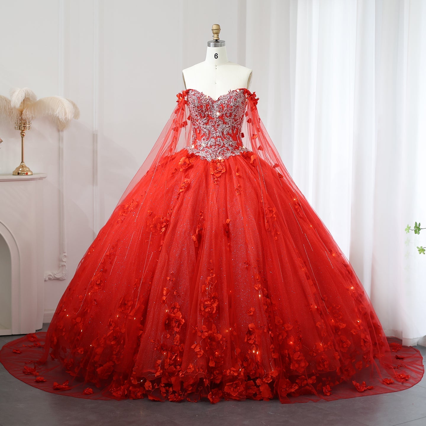 Luxury 3D Flower Emerald Green Ball Gown Prom Dress SS199  Red / US 16
