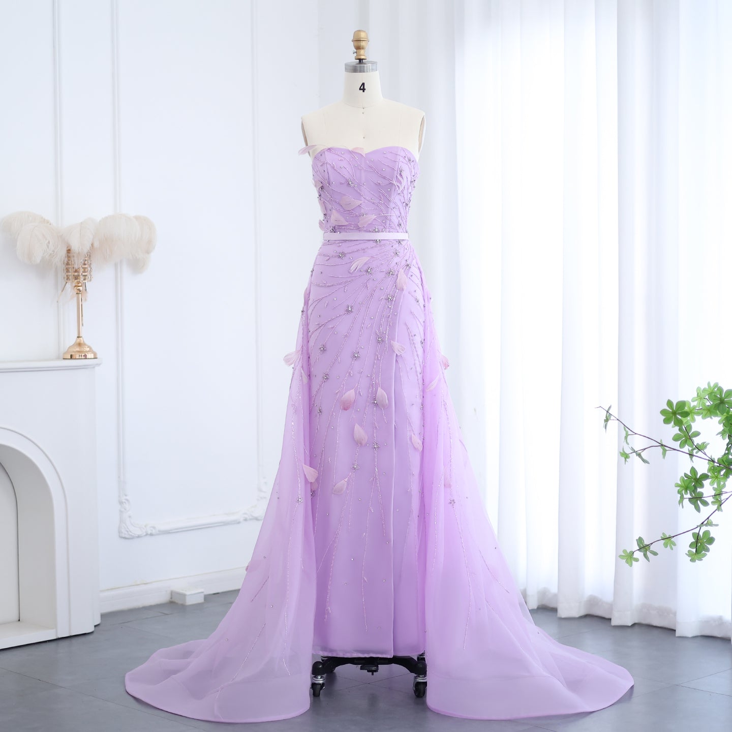 Luxury Feathers Beaded Lilac Evening Dress with Overskirt SS456