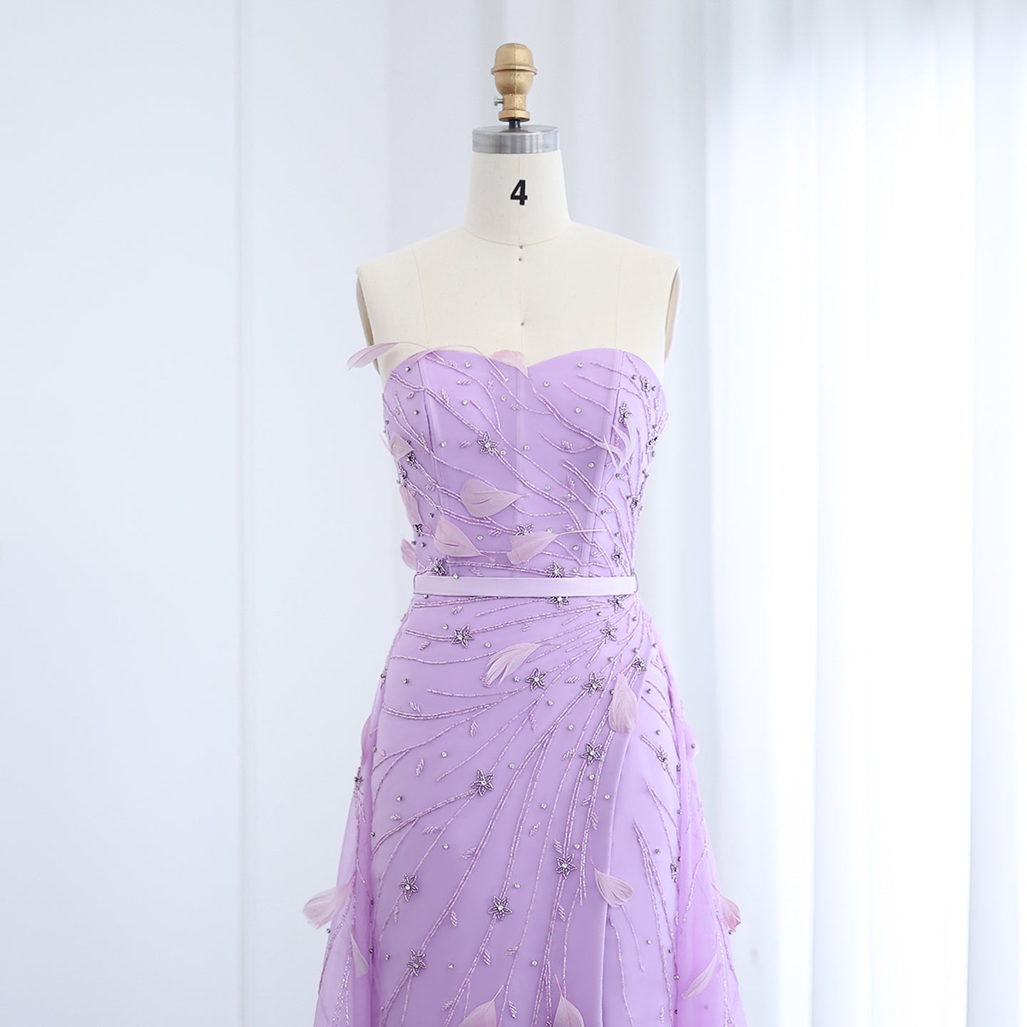 Luxury Feathers Beaded Lilac Evening Dress with Overskirt SS456