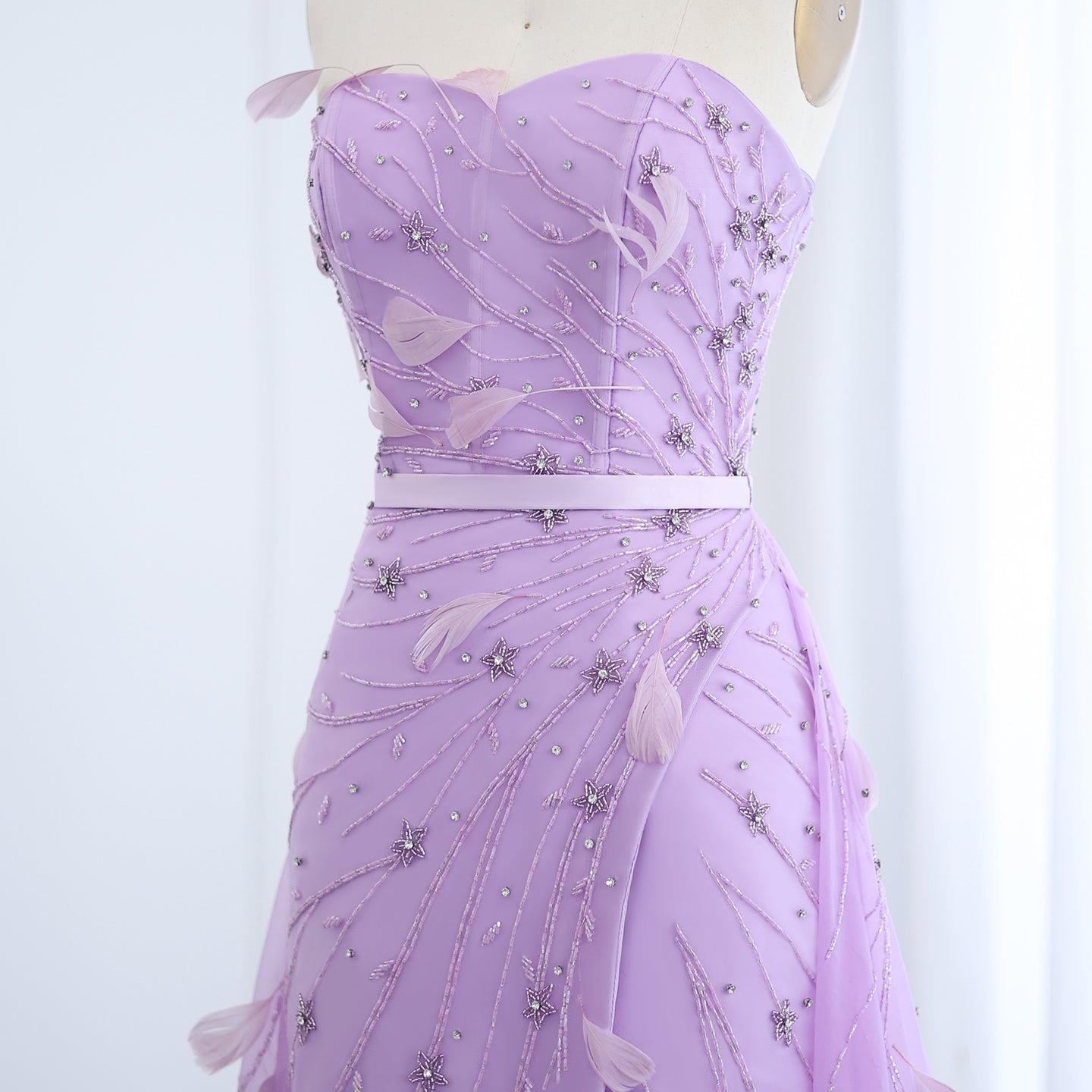 Luxury Feathers Beaded Lilac Evening Dress with Overskirt SS456