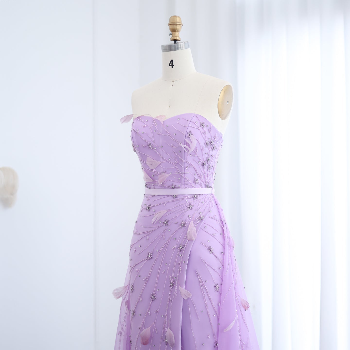 Luxury Feathers Beaded Lilac Evening Dress with Overskirt SS456