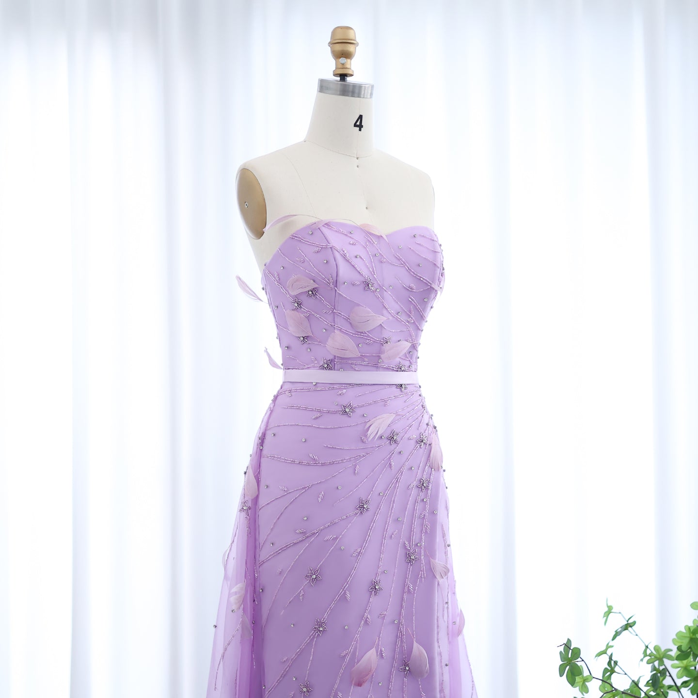 Luxury Feathers Beaded Lilac Evening Dress with Overskirt SS456