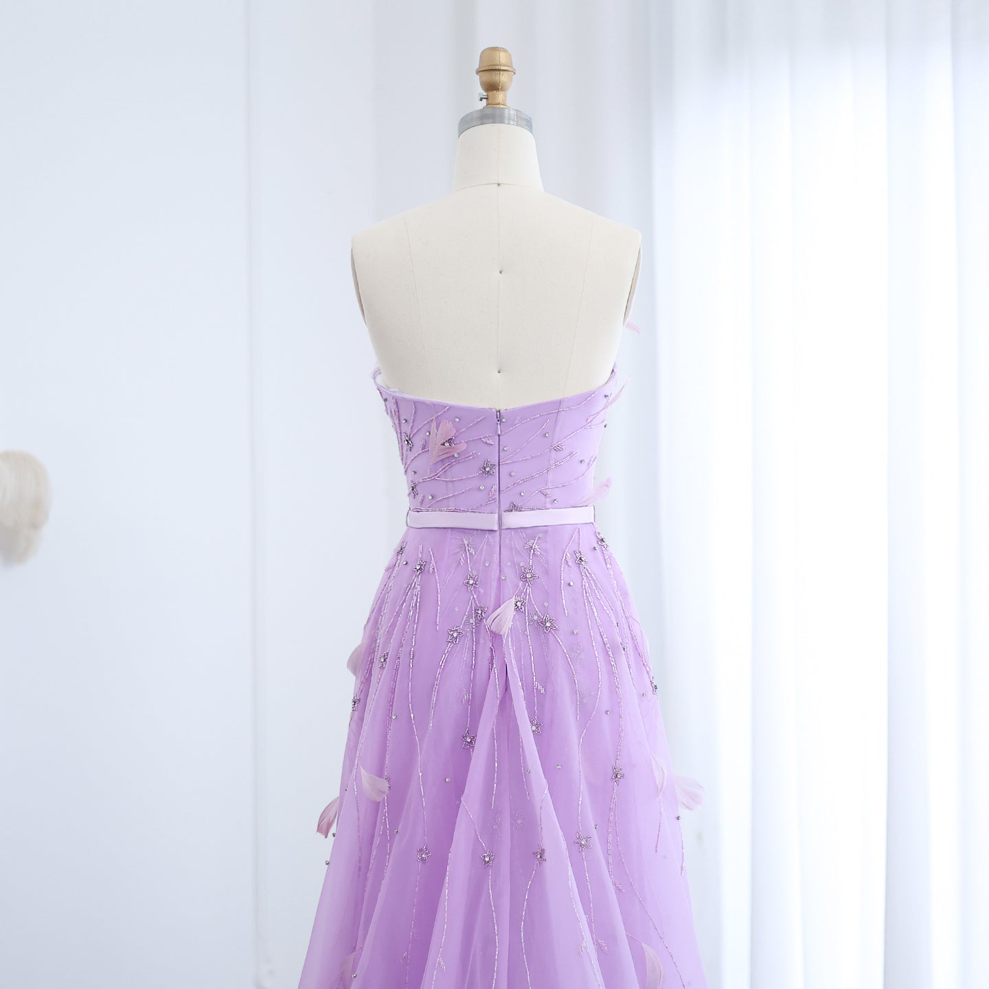 Luxury Feathers Beaded Lilac Evening Dress with Overskirt SS456