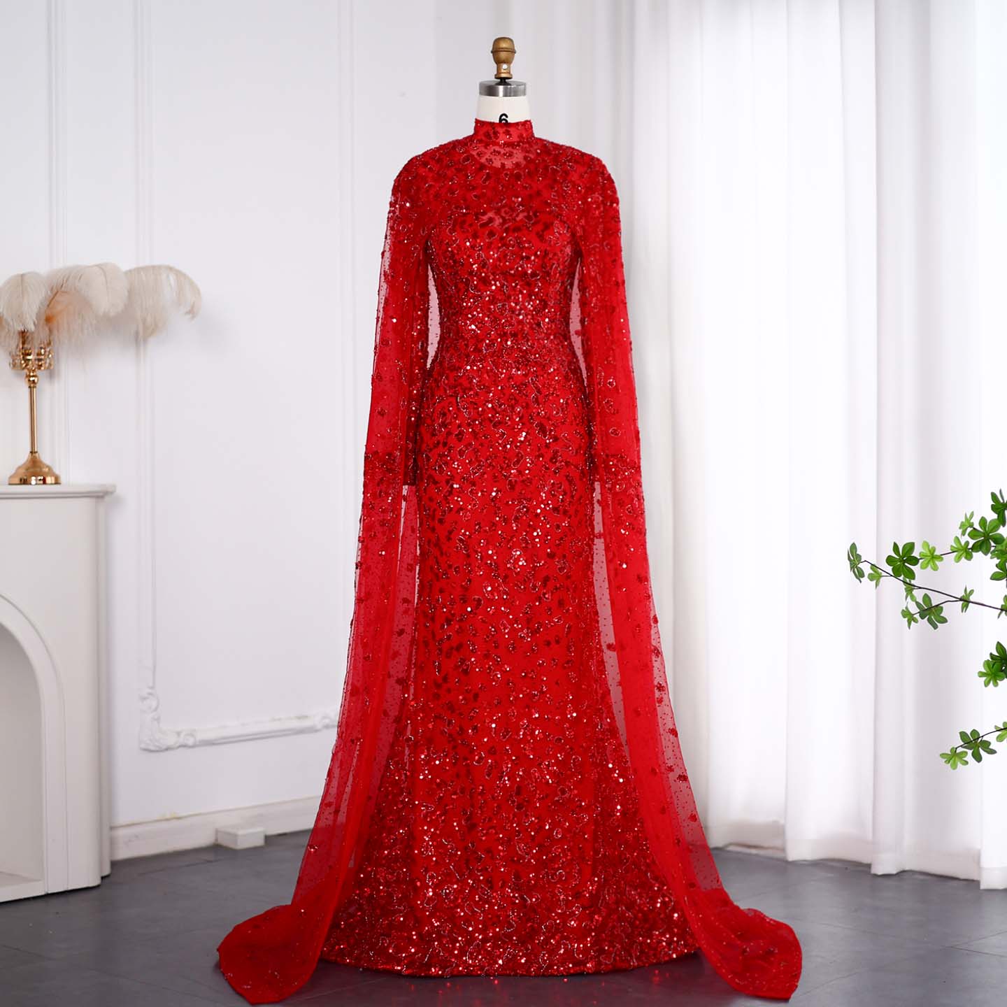 Luxury Wine Red Long Sleeves Muslim Evening Dress with Cape SS202  Red / US 20