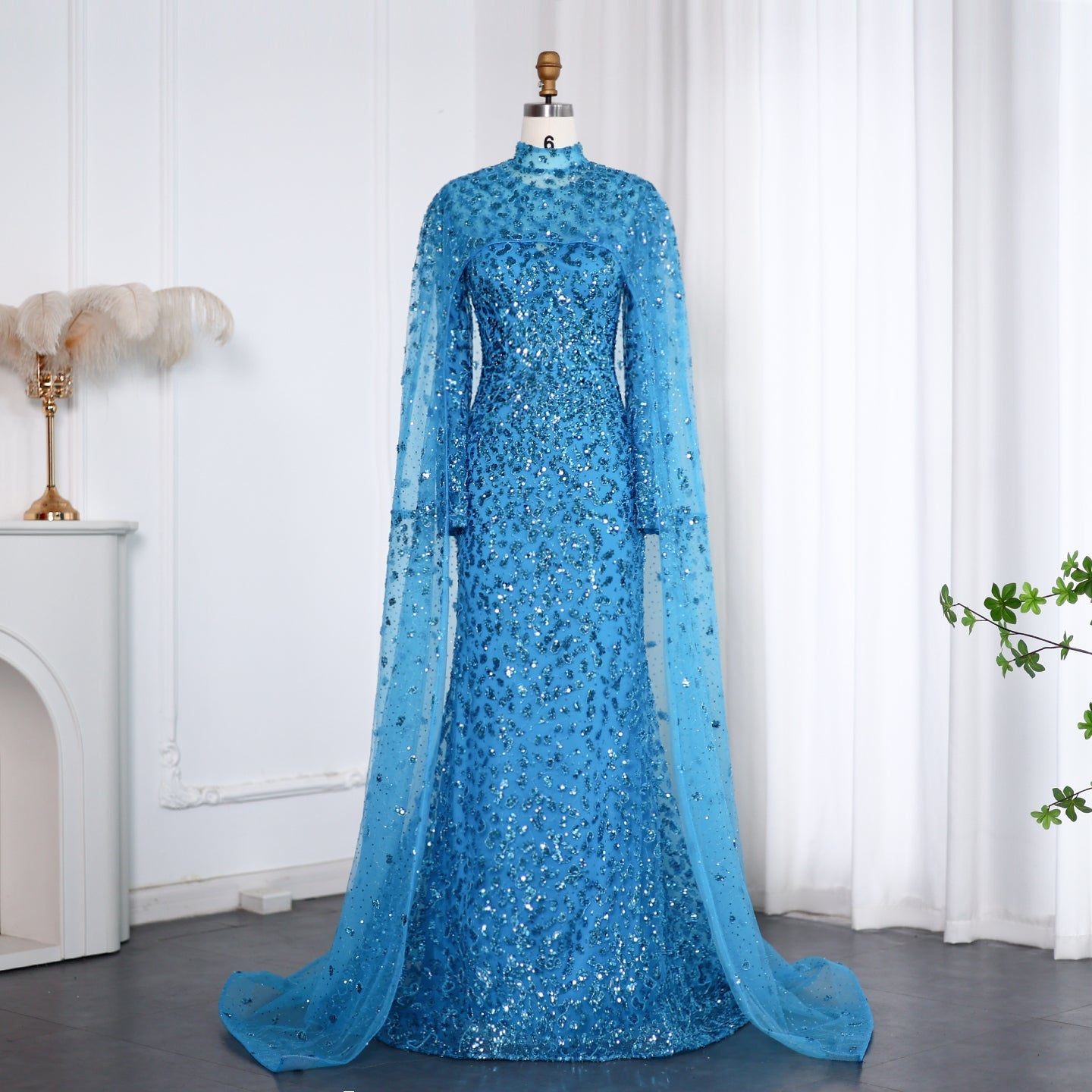 Luxury Wine Red Long Sleeves Muslim Evening Dress with Cape SS202  Blue / US 20