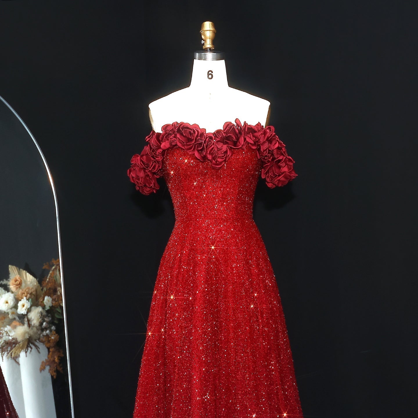 Stunning Burgundy Strapless 3D Flower Evening Dress SS491