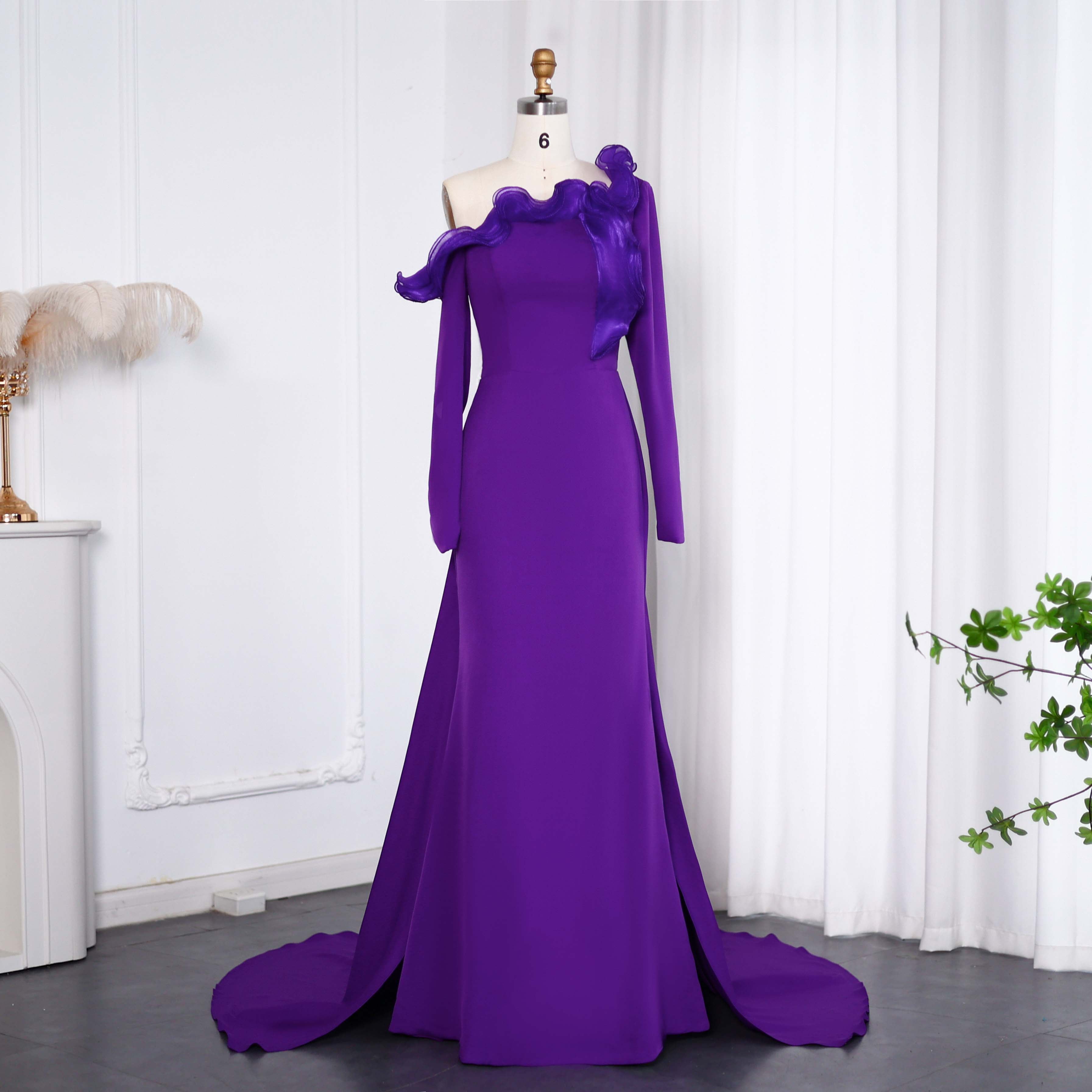 Elegant Purple Ruffles Off Shoulder Evening Dress with Overskirt SF142  Purple / US 16