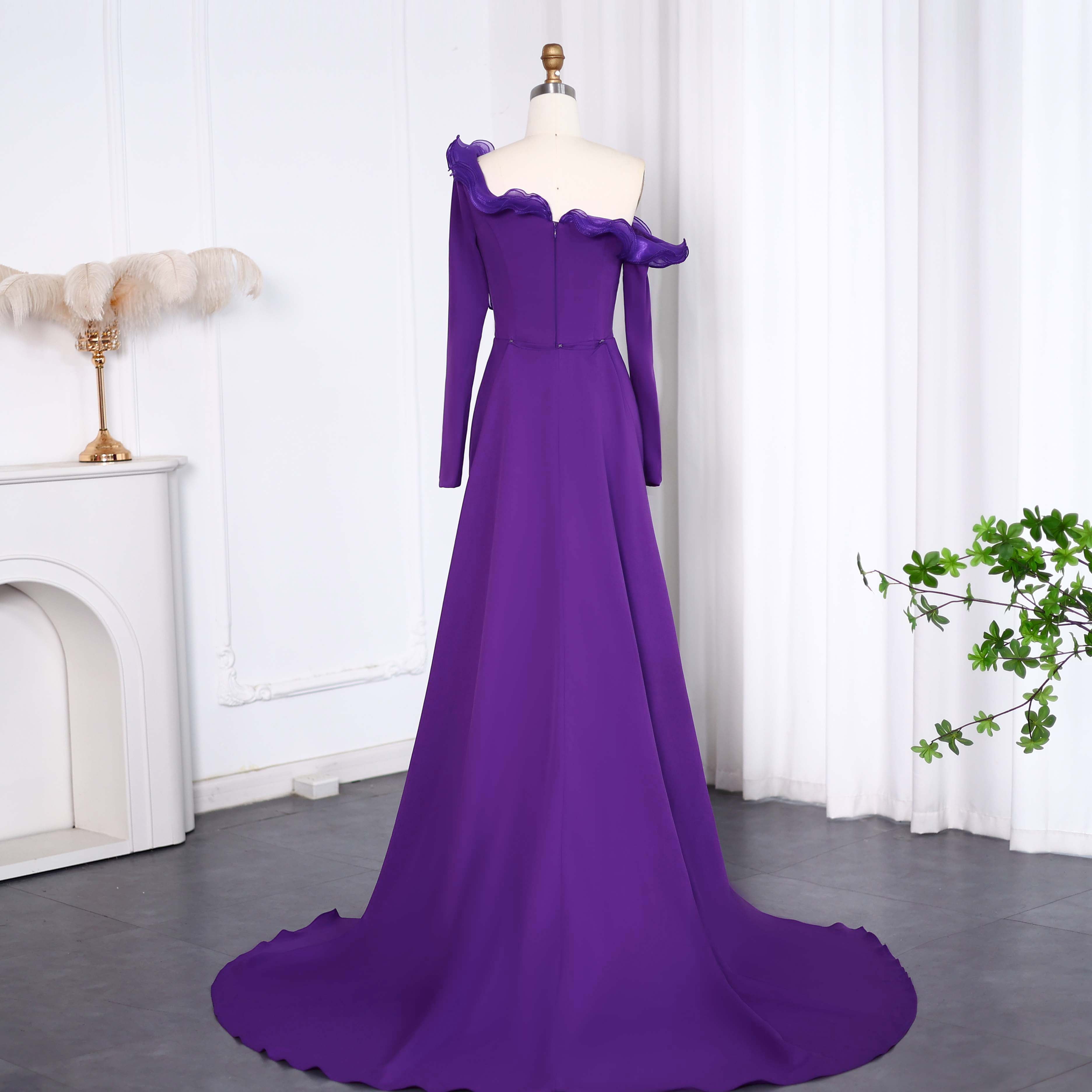 Elegant Purple Ruffles Off Shoulder Evening Dress with Overskirt SF142