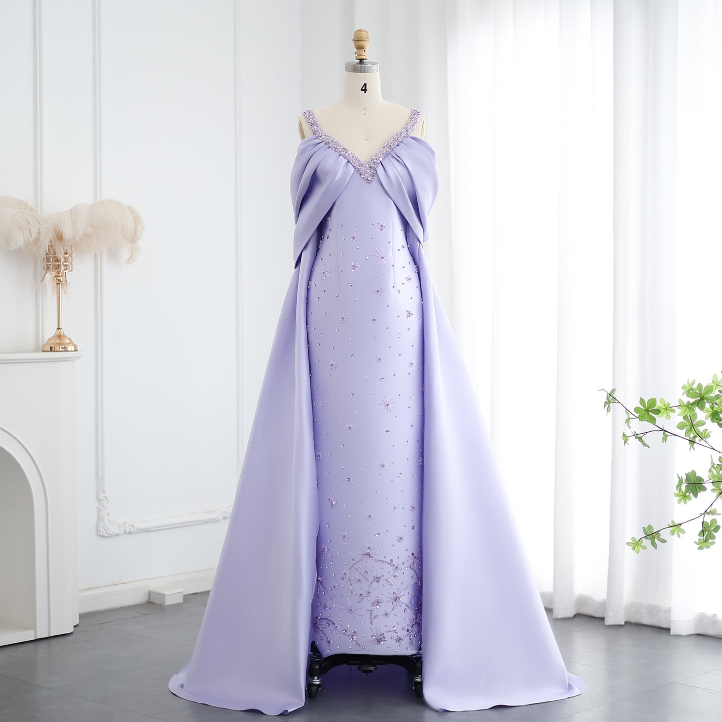 Luxury Lilac Beaded Off Shoulder Evening Dress with Cape SS341