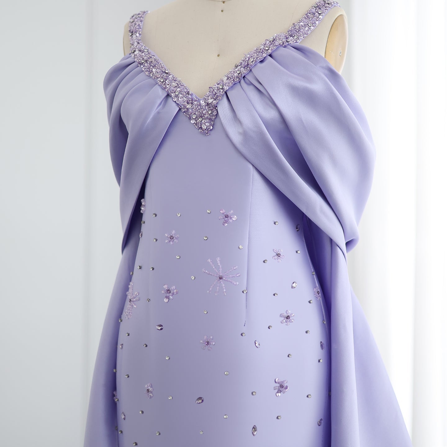 Luxury Lilac Beaded Off Shoulder Evening Dress with Cape SS341