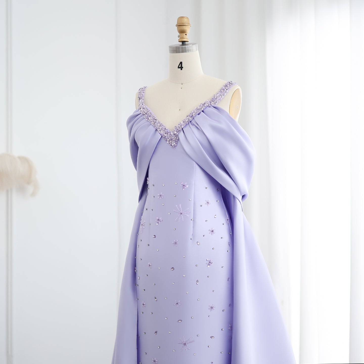 Luxury Lilac Beaded Off Shoulder Evening Dress with Cape SS341
