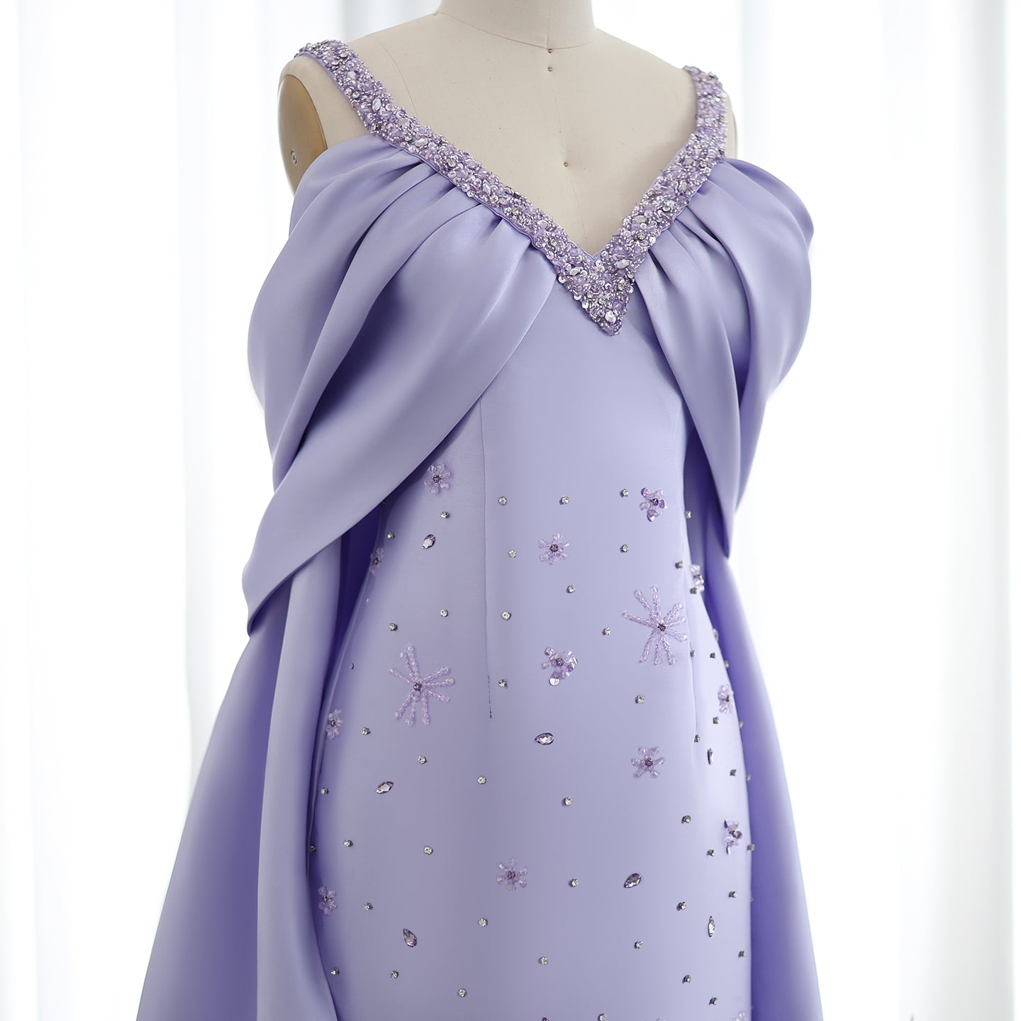 Luxury Lilac Beaded Off Shoulder Evening Dress with Cape SS341