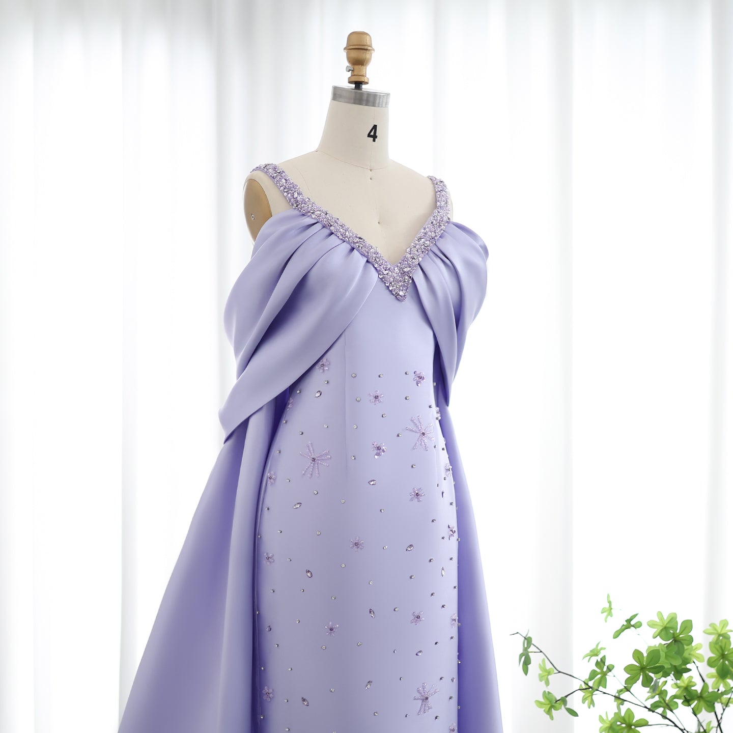 Luxury Lilac Beaded Off Shoulder Evening Dress with Cape SS341