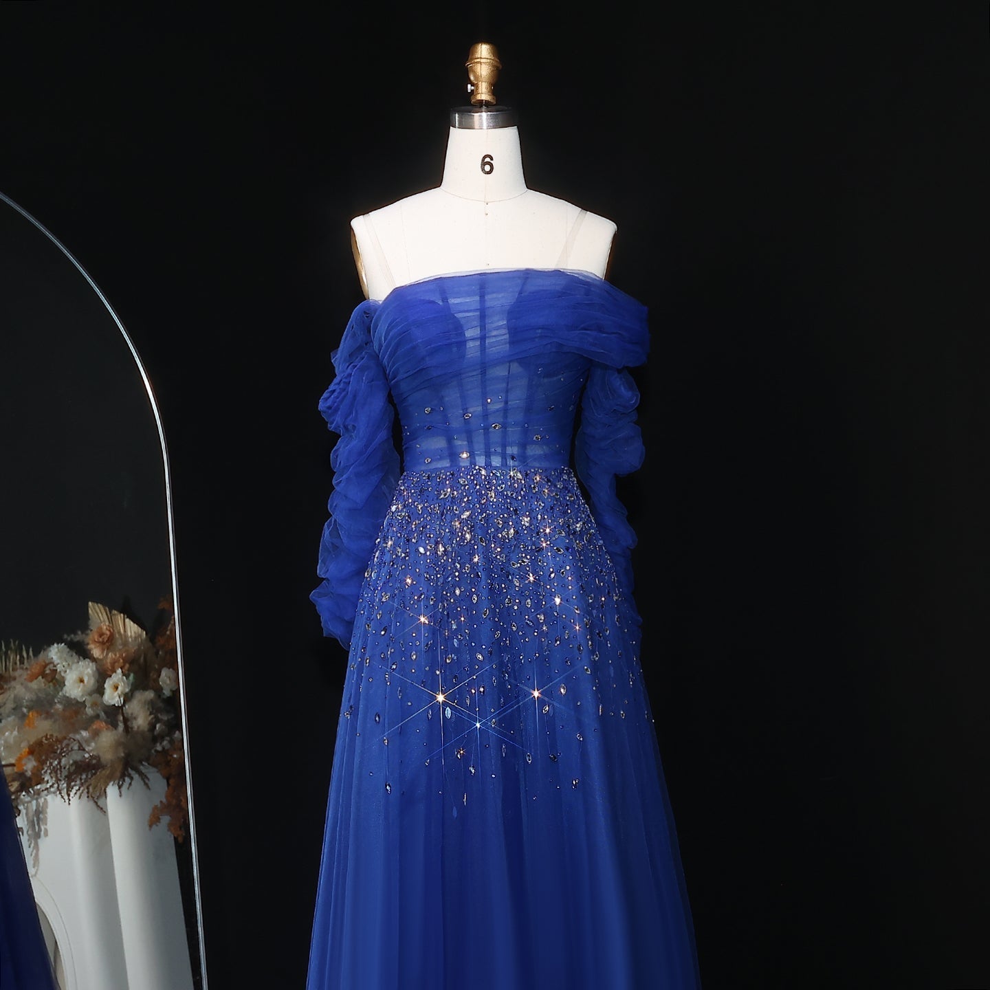 Elegant Black Beaded Tulle Off Shoulder Evening Dress SF333