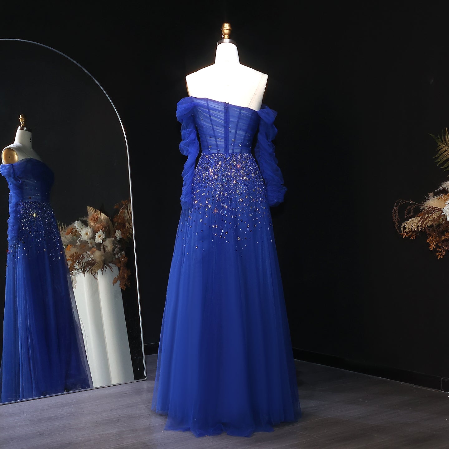 Elegant Black Beaded Tulle Off Shoulder Evening Dress SF333