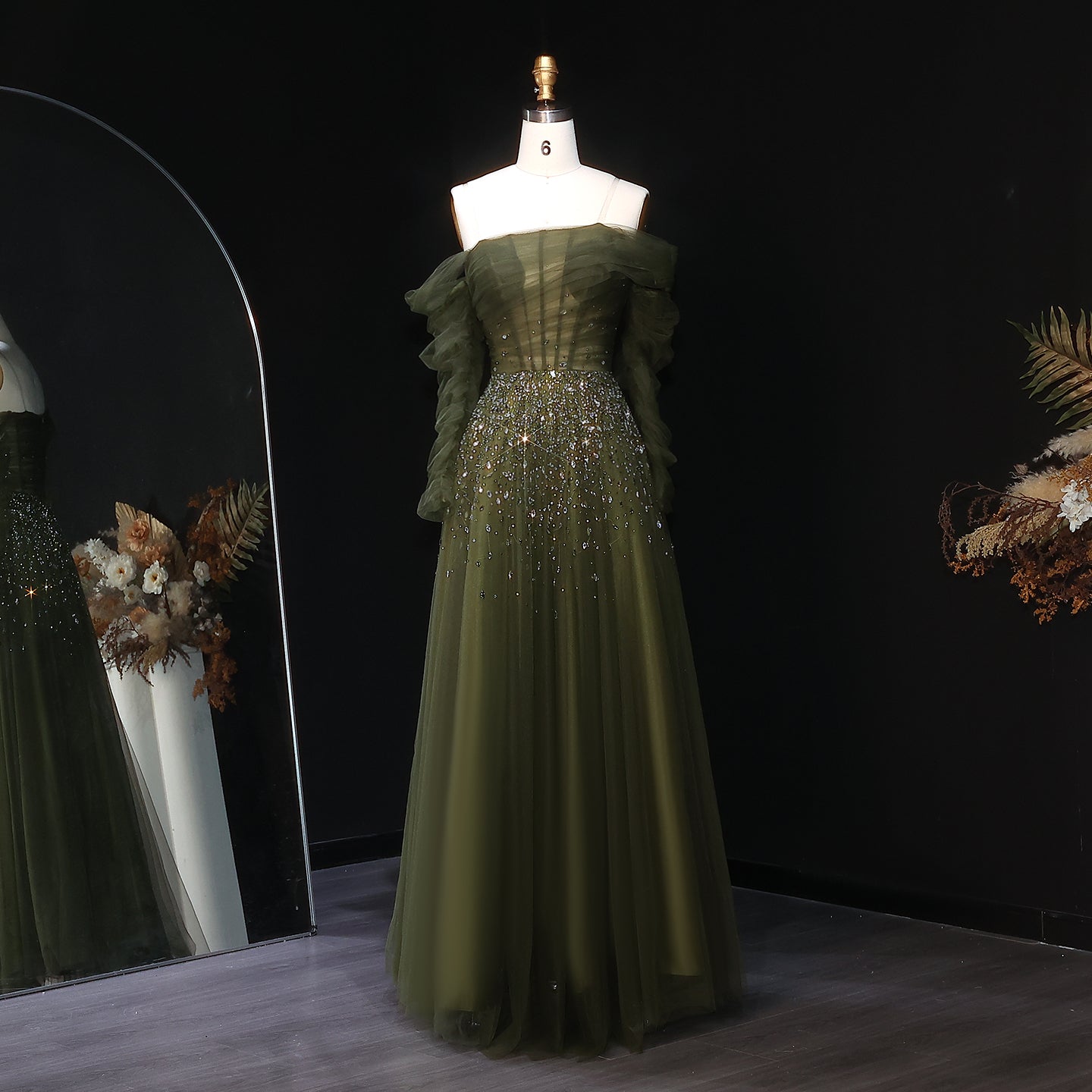 Elegant Black Beaded Tulle Off Shoulder Evening Dress SF333  Green / US 20