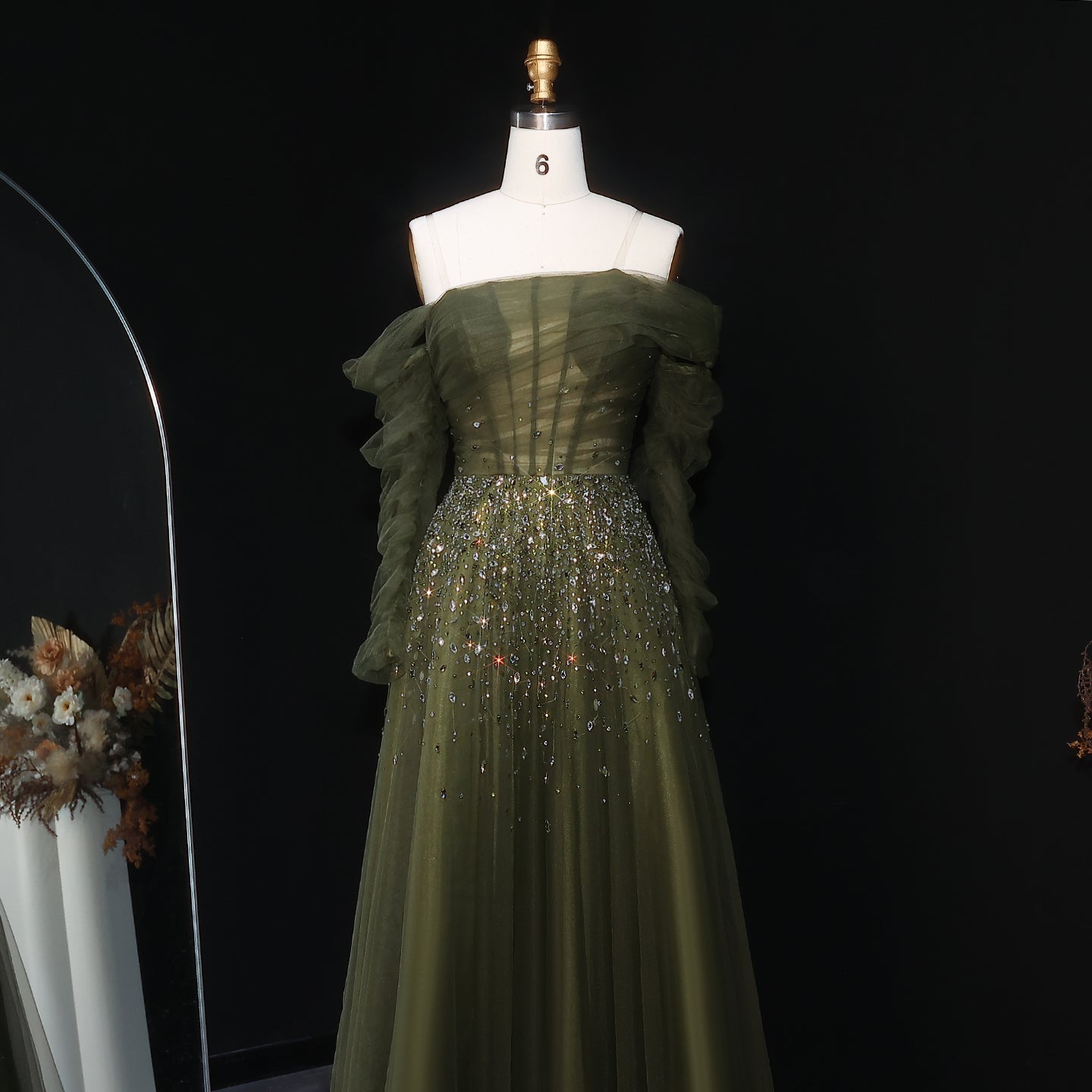 Elegant Black Beaded Tulle Off Shoulder Evening Dress SF333