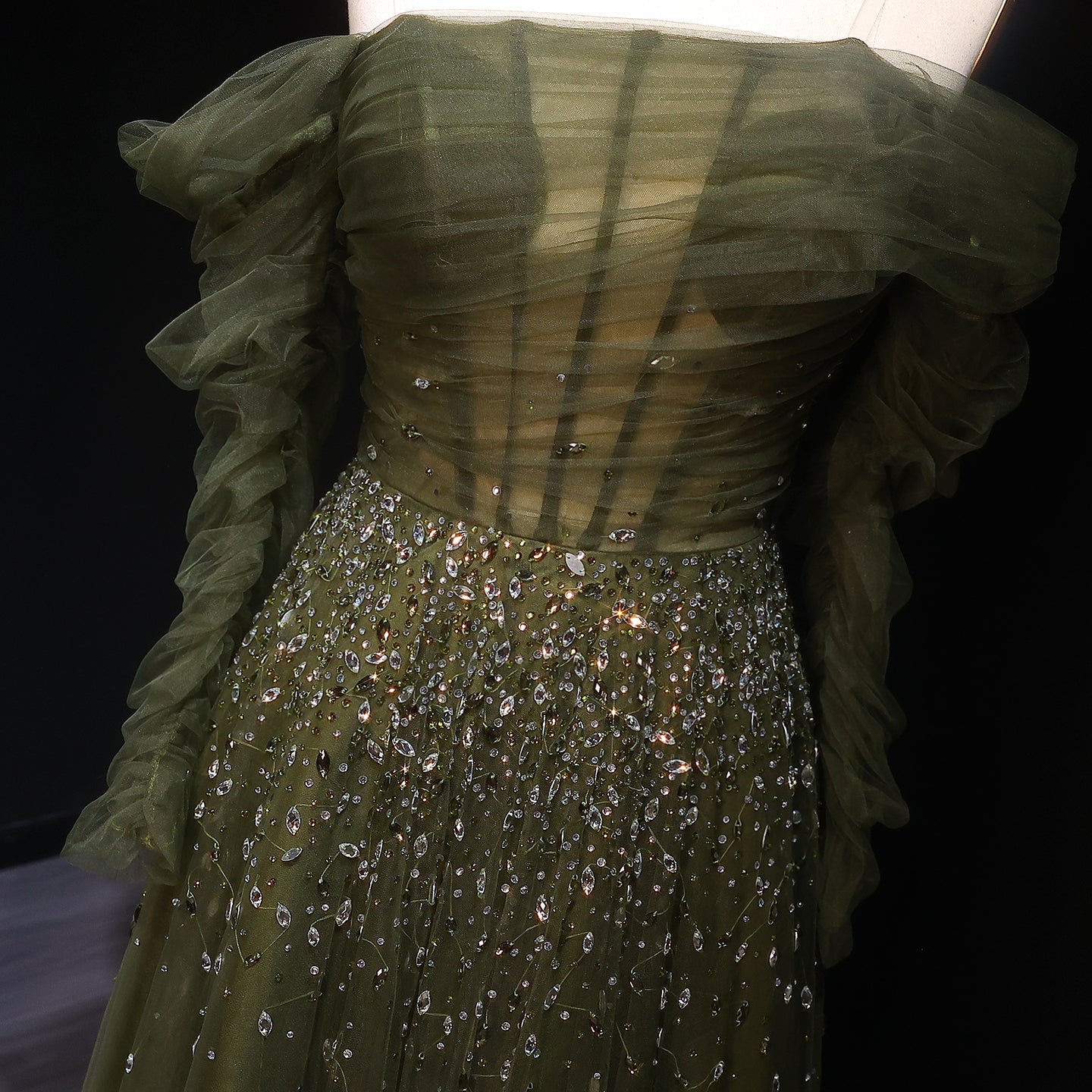 Elegant Black Beaded Tulle Off Shoulder Evening Dress SF333