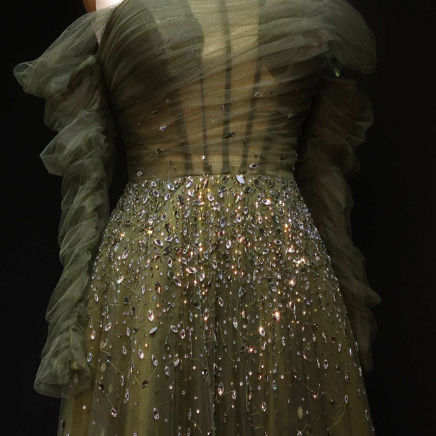 Elegant Black Beaded Tulle Off Shoulder Evening Dress SF333