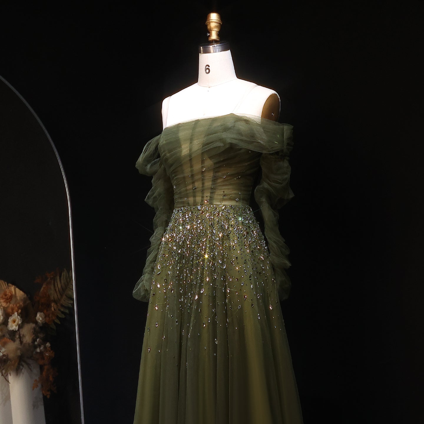 Elegant Black Beaded Tulle Off Shoulder Evening Dress SF333