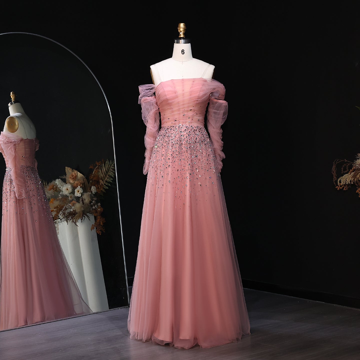 Elegant Black Beaded Tulle Off Shoulder Evening Dress SF333  Pink / US 20