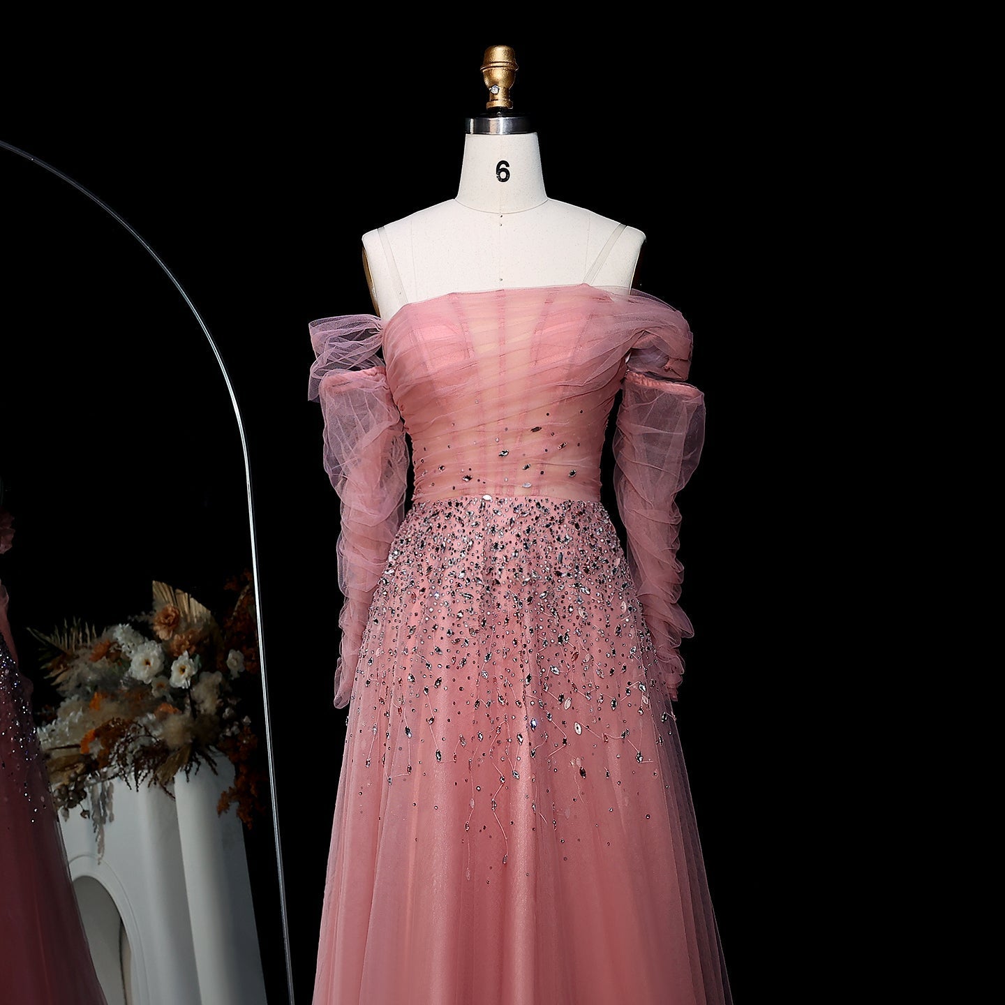 Elegant Black Beaded Tulle Off Shoulder Evening Dress SF333