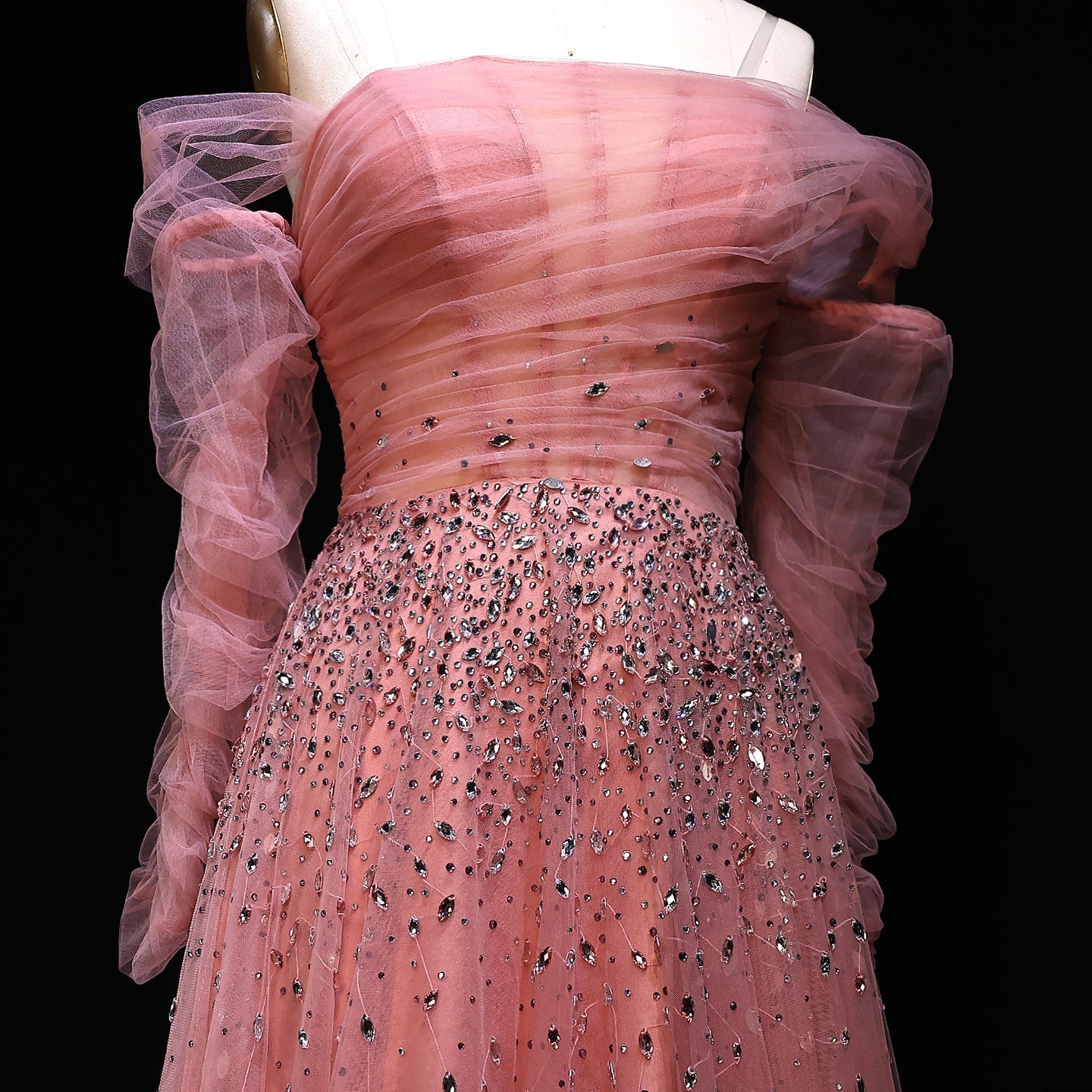 Elegant Black Beaded Tulle Off Shoulder Evening Dress SF333