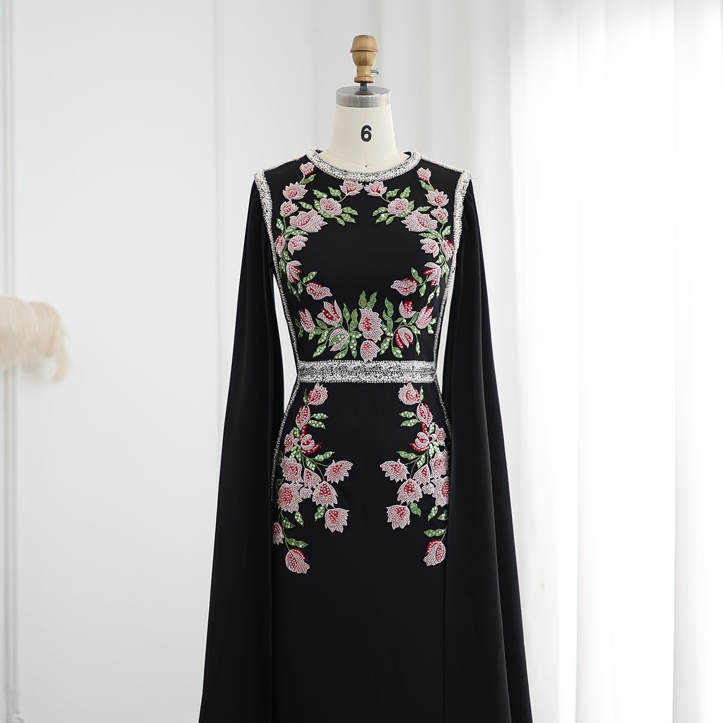 Luxury Embroidered Black Evening Dress with Cape Sleeves SS487