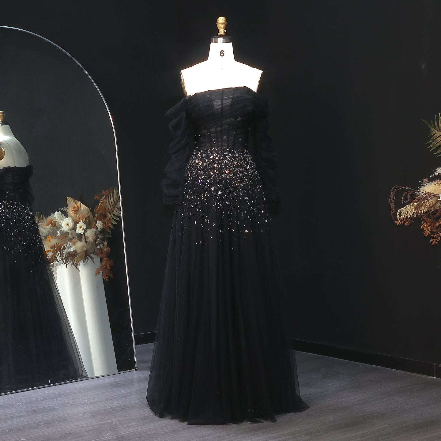 Elegant Black Beaded Tulle Off Shoulder Evening Dress SF333  Black / US 20