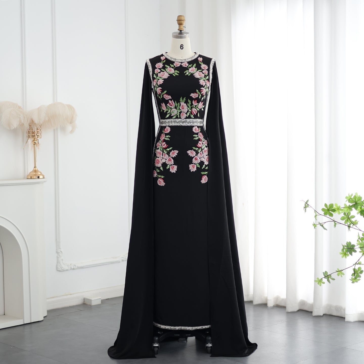 Luxury Embroidered Black Evening Dress with Cape Sleeves SS487  Black / US 16