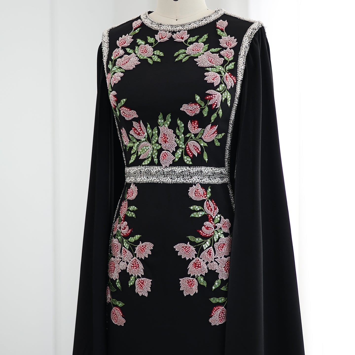 Luxury Embroidered Black Evening Dress with Cape Sleeves SS487