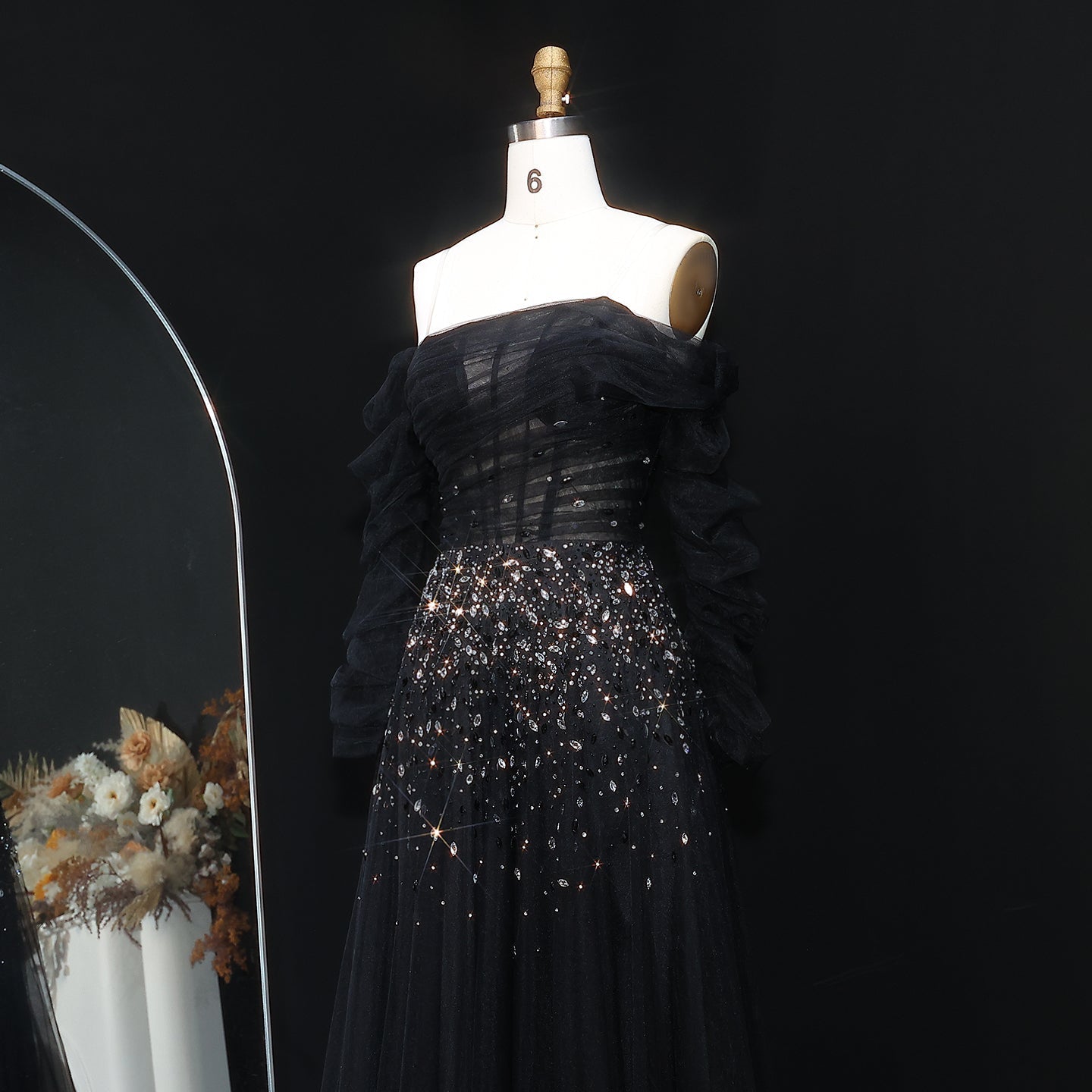 Elegant Black Beaded Tulle Off Shoulder Evening Dress SF333