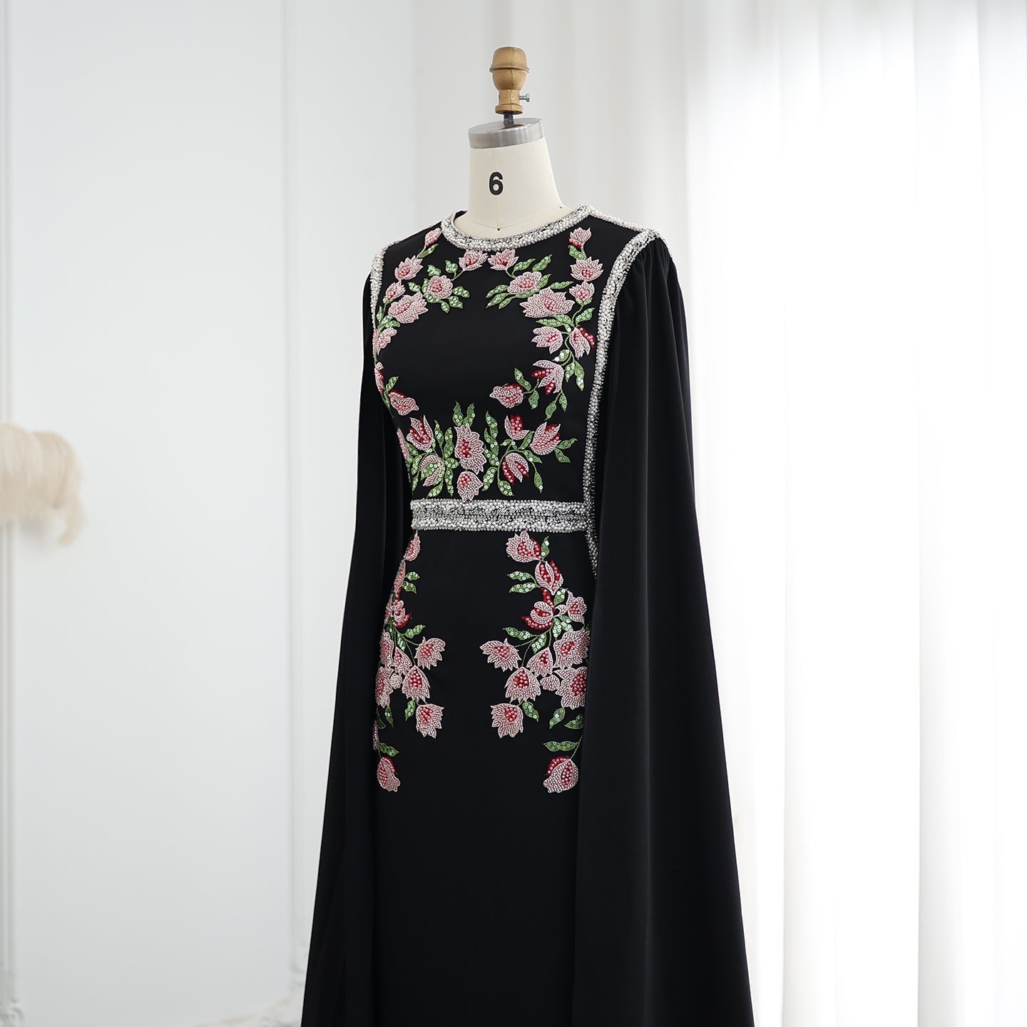 Luxury Embroidered Black Evening Dress with Cape Sleeves SS487