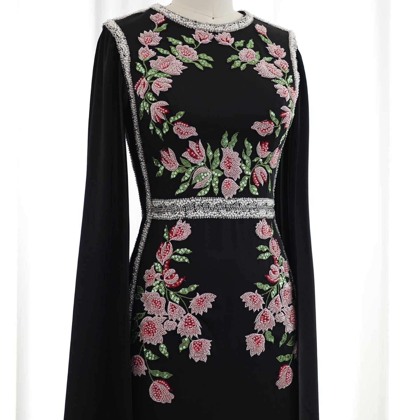 Luxury Embroidered Black Evening Dress with Cape Sleeves SS487