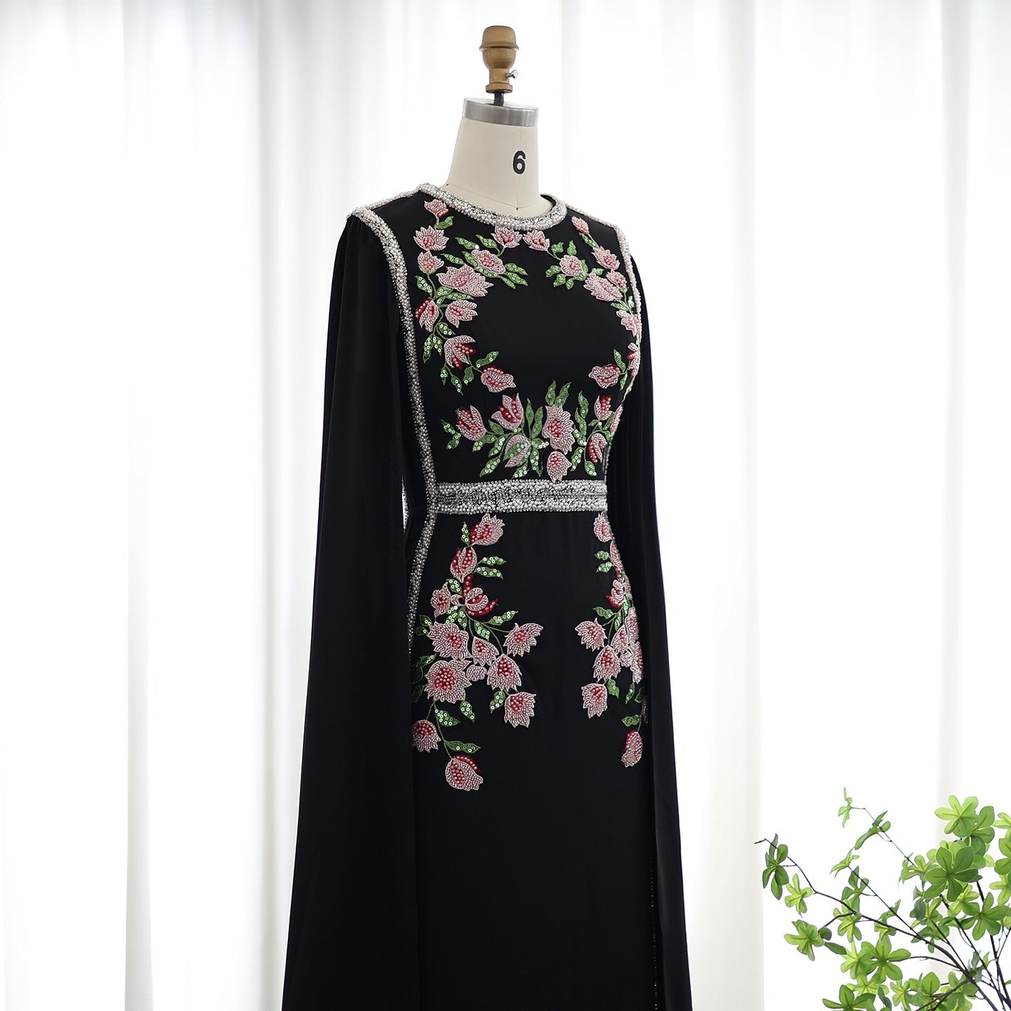 Luxury Embroidered Black Evening Dress with Cape Sleeves SS487