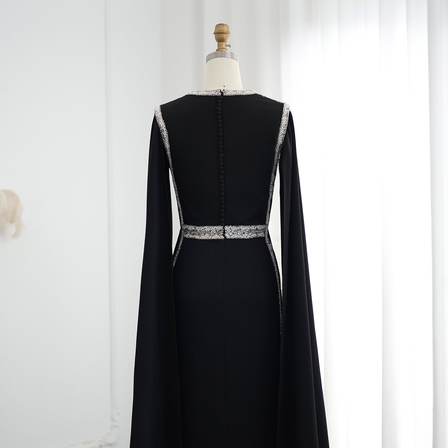 Luxury Embroidered Black Evening Dress with Cape Sleeves SS487