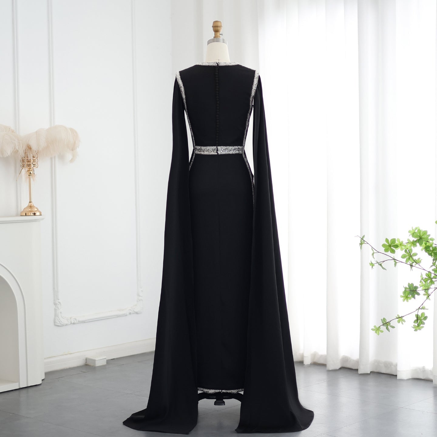 Luxury Embroidered Black Evening Dress with Cape Sleeves SS487