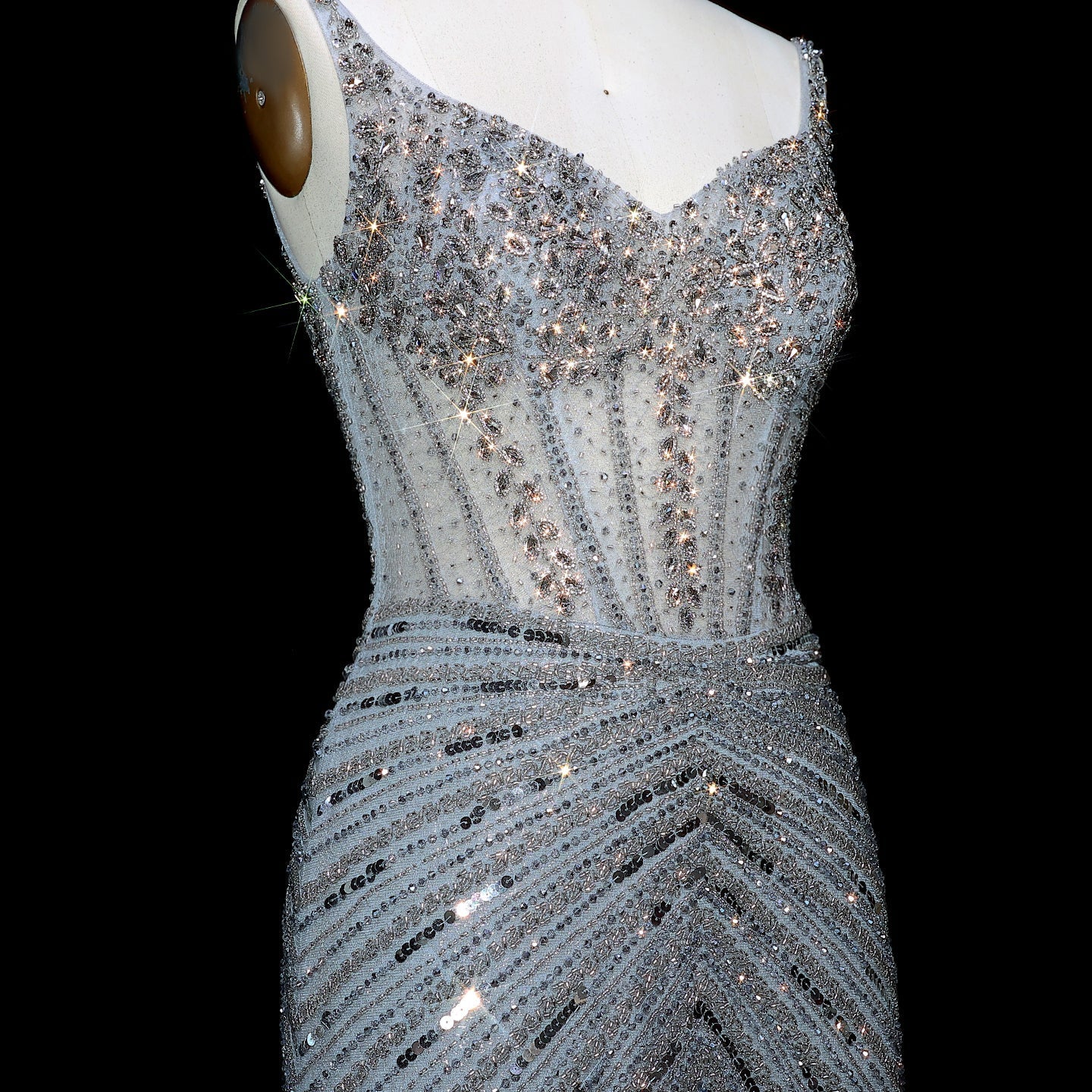 Luxury Champagne Spaghetti Beaded Evening Dress SS292