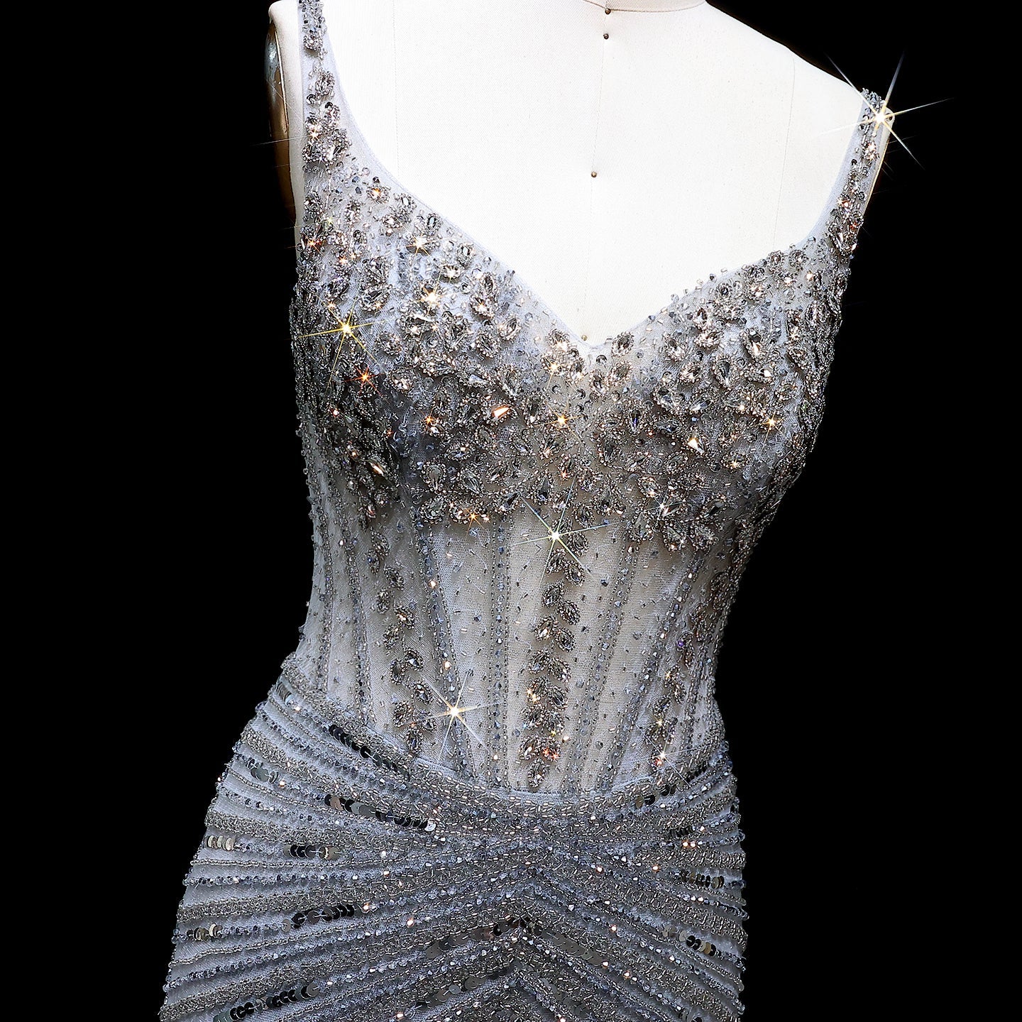 Luxury Champagne Spaghetti Beaded Evening Dress SS292