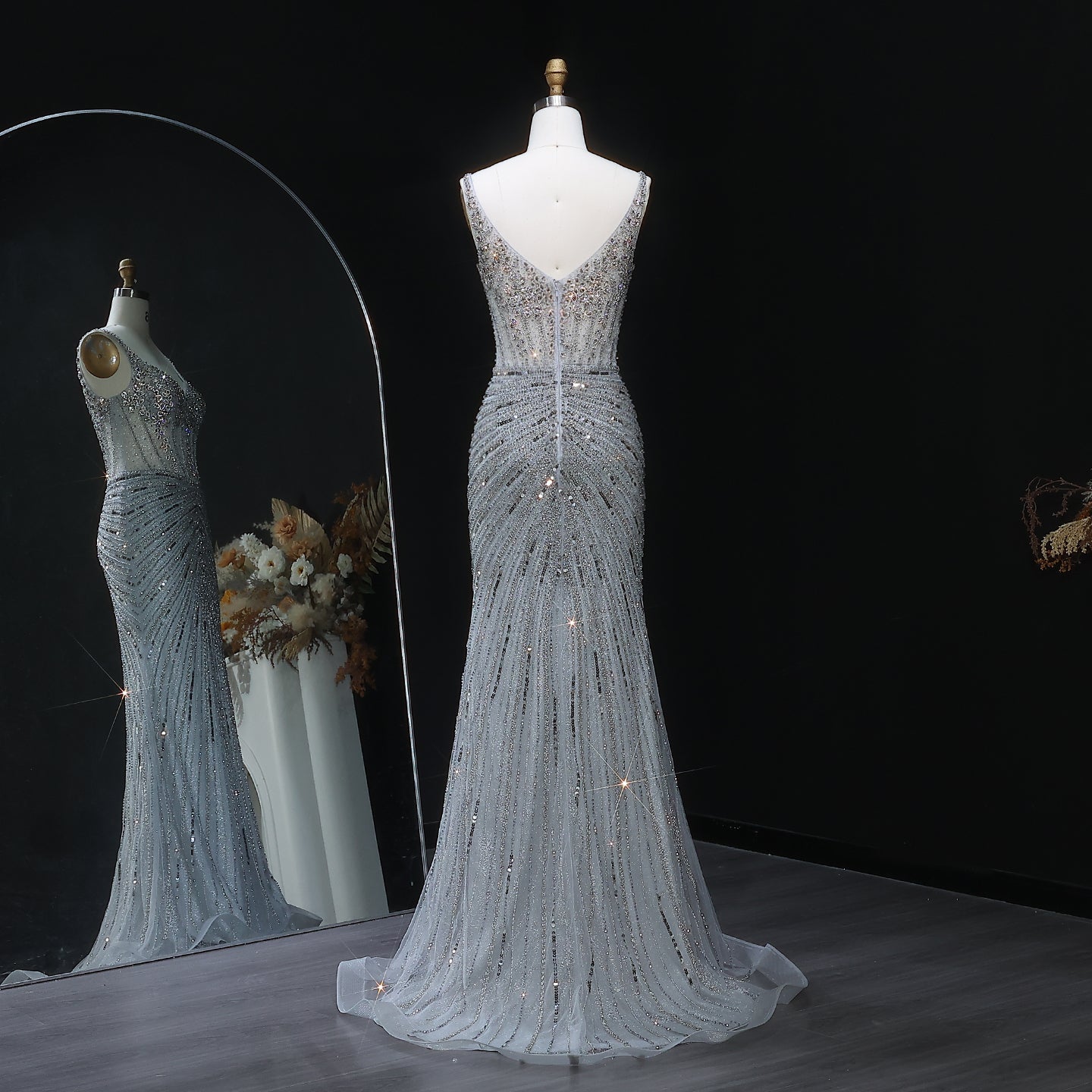 Luxury Champagne Spaghetti Beaded Evening Dress SS292