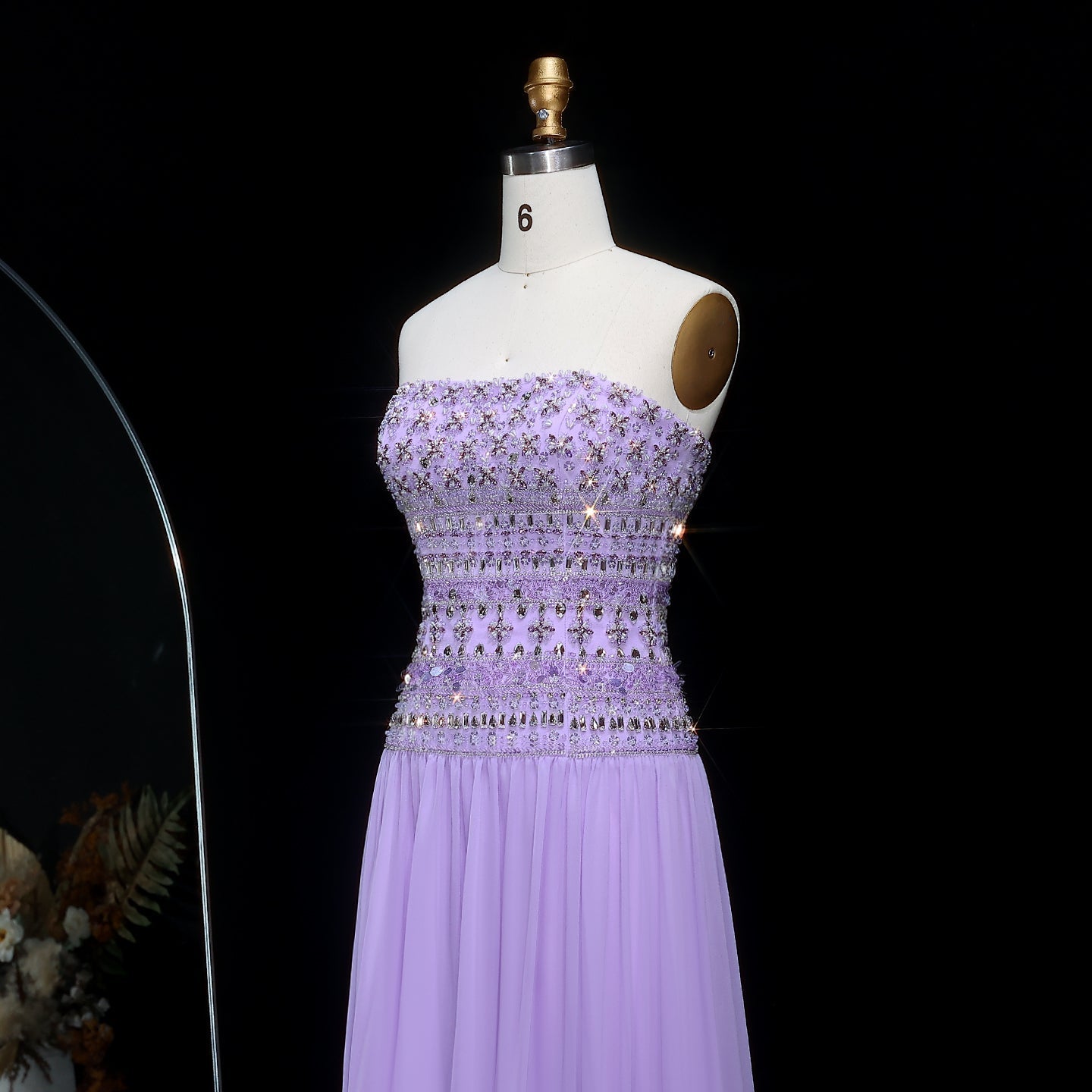 Strapless Lilac Beaded Bodice Evening Dress with Flowing Skirt SS539