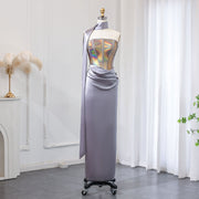 Elegant Strapless Gray Satin Evening Dress with Scarf SS704  Gray / US 16