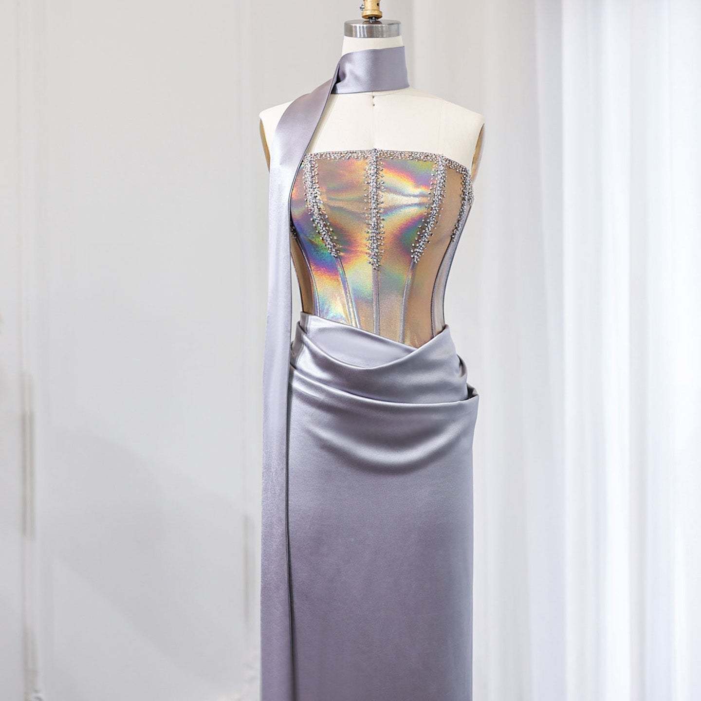 Elegant Strapless Gray Satin Evening Dress with Scarf SS704