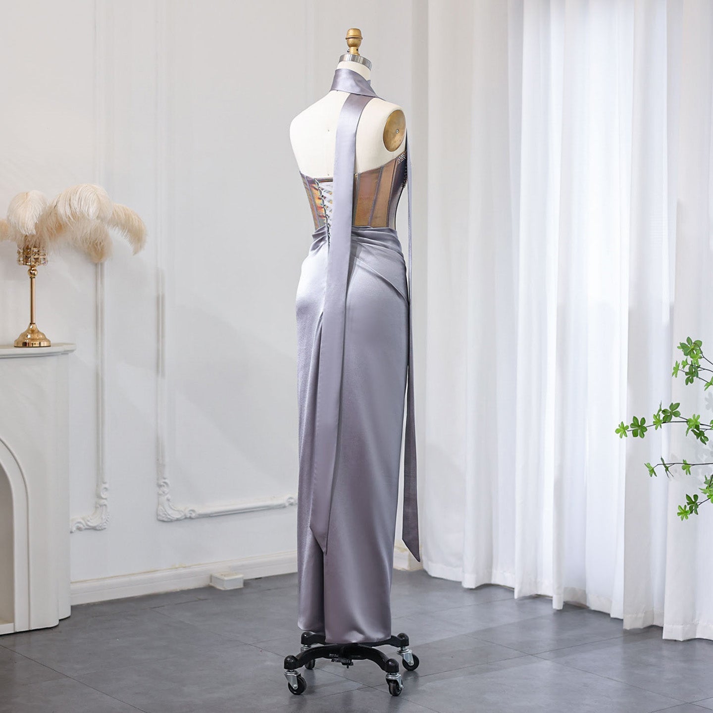 Elegant Strapless Gray Satin Evening Dress with Scarf SS704