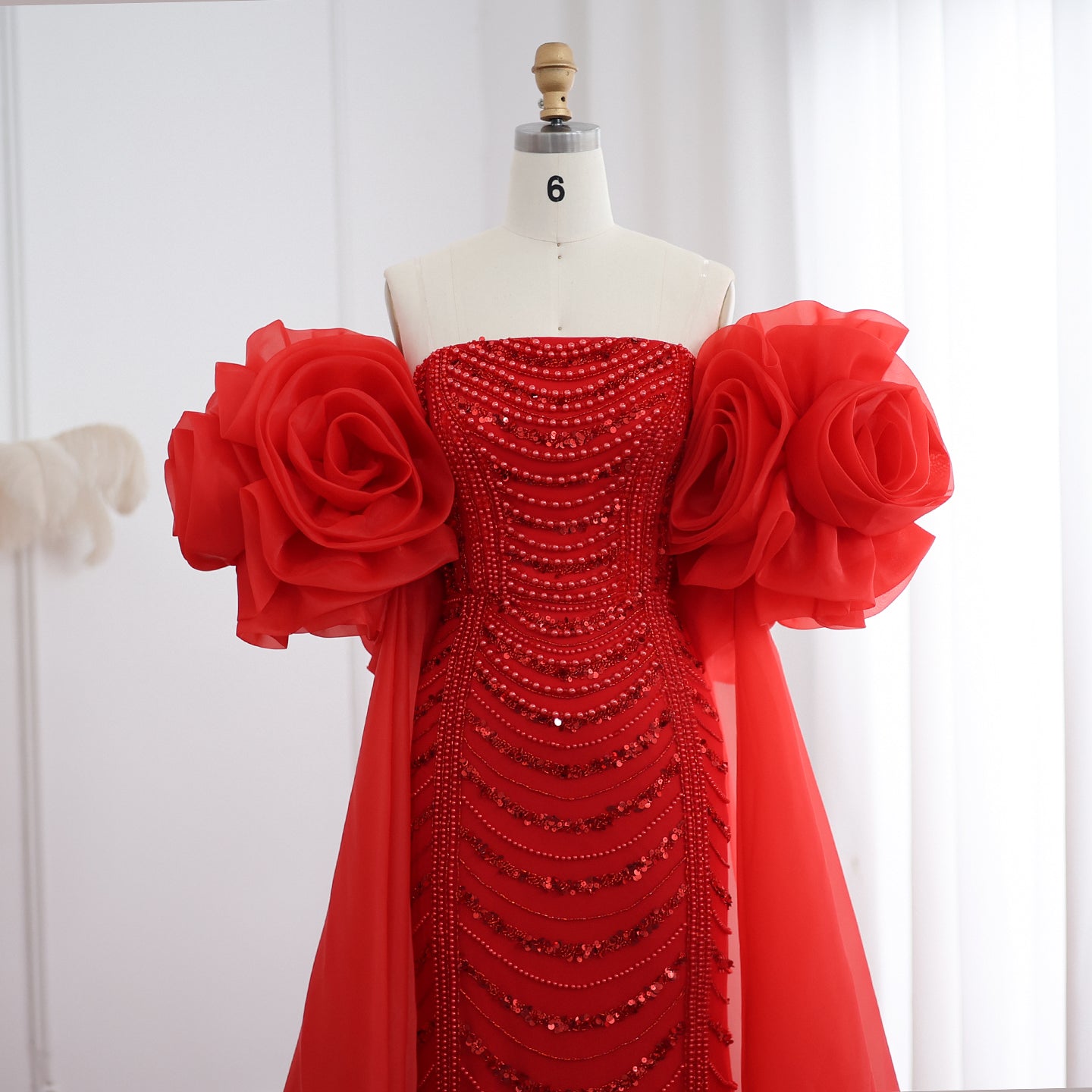 Luxury Pearl Red Evening Dress with 3D Flowers Cape SS585