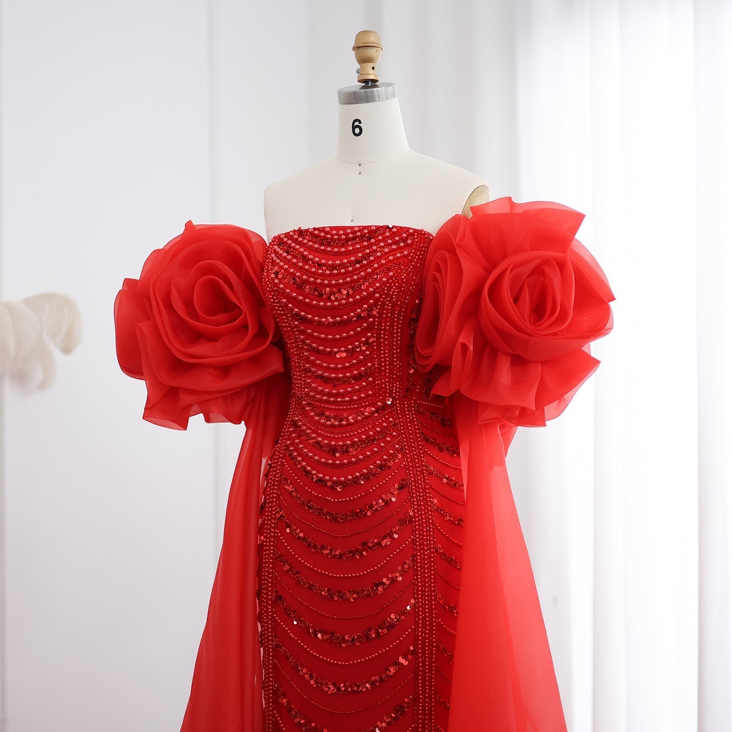 Luxury Pearl Red Evening Dress with 3D Flowers Cape SS585
