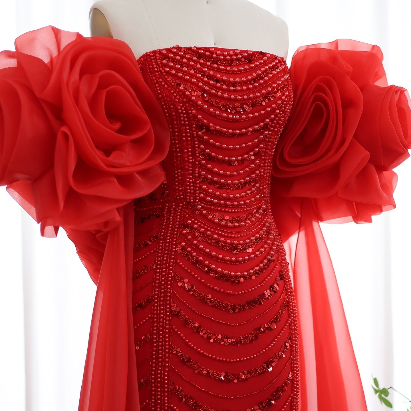 Luxury Pearl Red Evening Dress with 3D Flowers Cape SS585